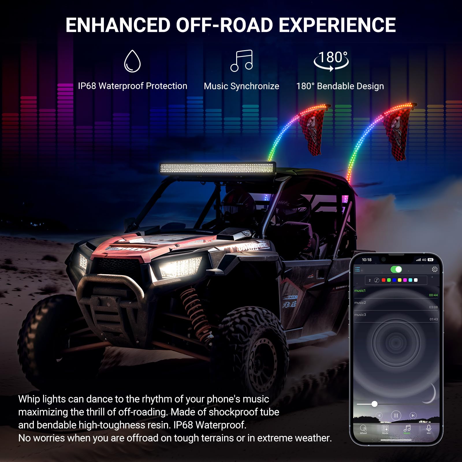 Ehaho 4FT LED Whip Lights for UTV ATV - RGB, Aluminum, 2PCS with Remote Control & Rocker Switch, Tripled Brighter, Includes 6 Flags