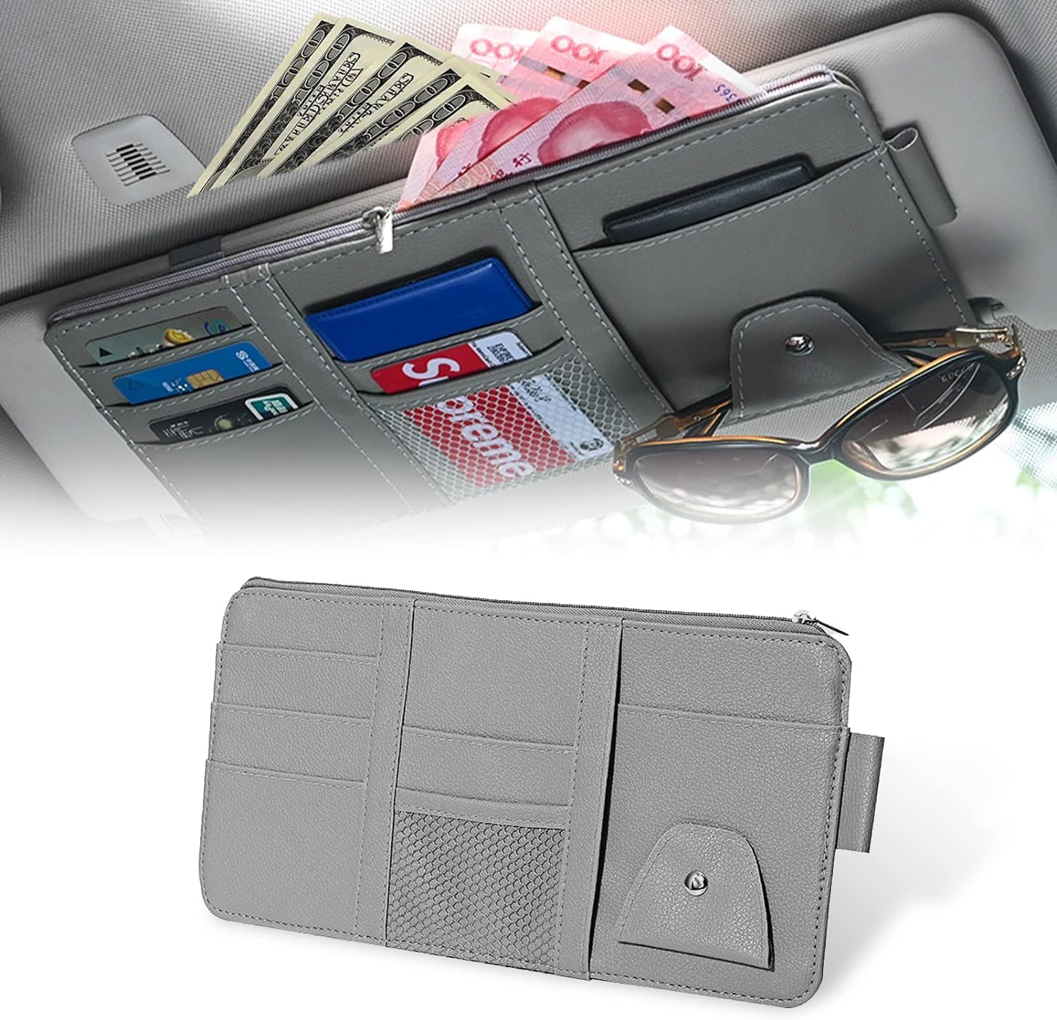 MOHAK PU Leather MultiFunction Car Space Sun Visor Organizer Hanging Phone Storage Pouch Holder, Car Accessories Organizer, Sun