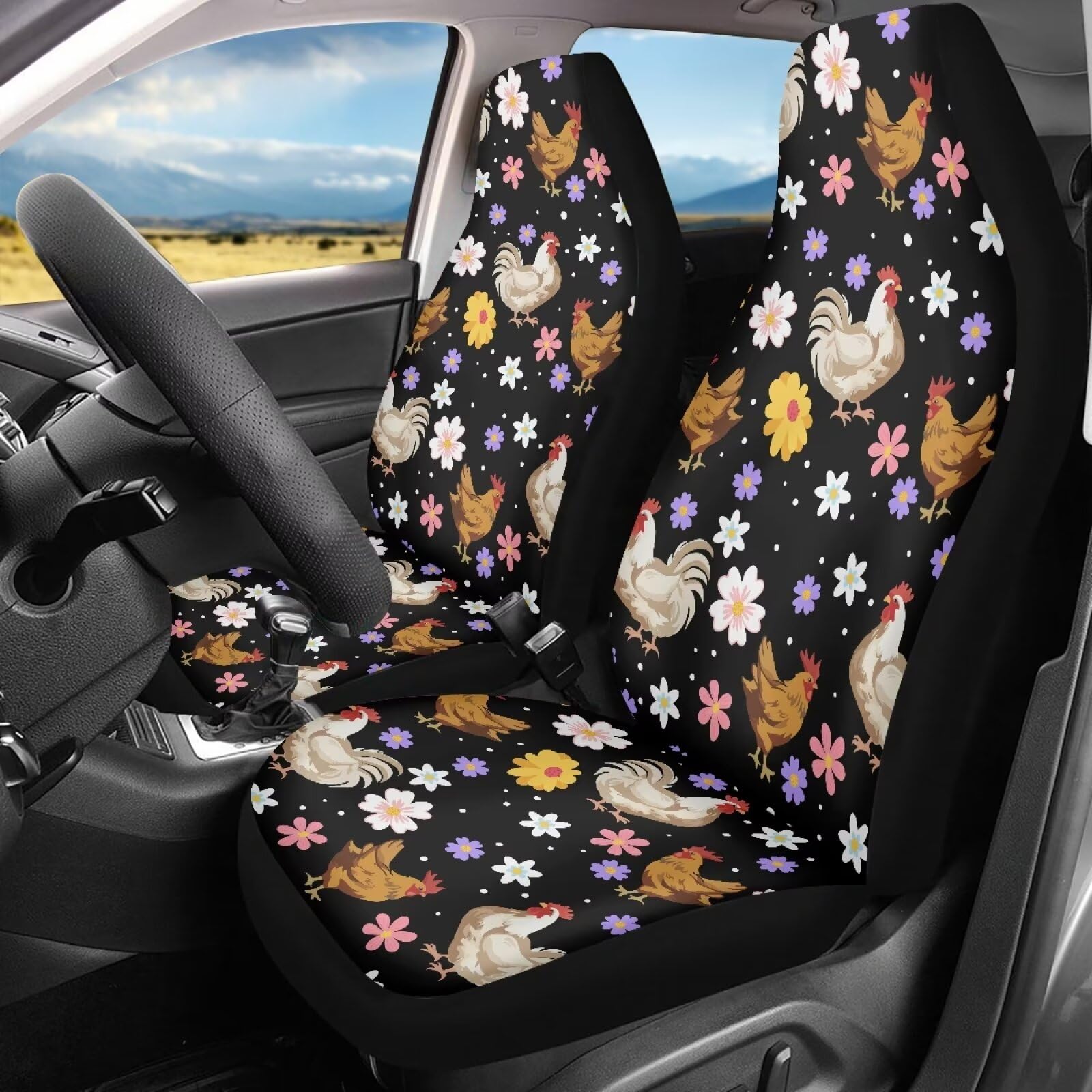 Fuibeng Groovy Flower And Chicken Seat Covers For Cars,Set Of 2 Rooster Auto Seat Covers Front Seats Only,Breathable Bucket Seat