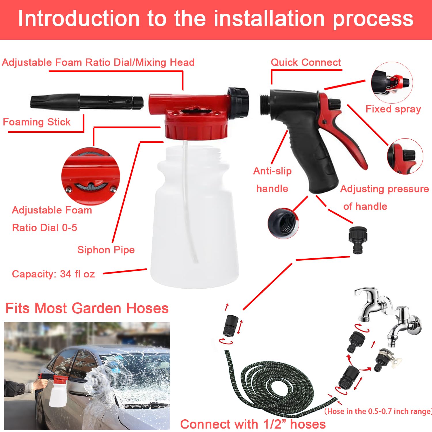 Lianxin Car Wash Kit - Car Cleaning Kit,Car Wash Kit With Foam Gun, Microfiber Sponge And Towels,Tire Brush, Collapsible Bucket,