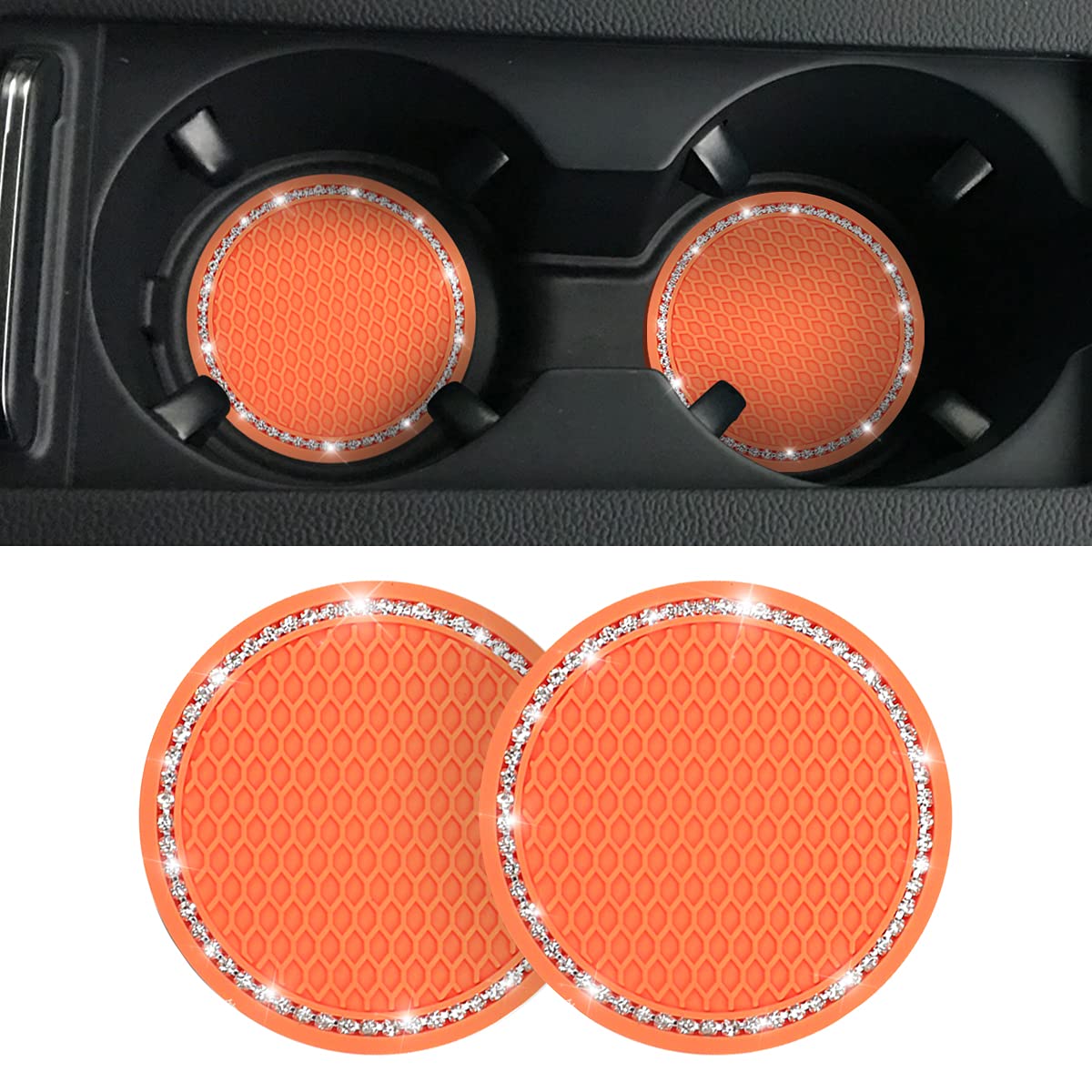 2Pcs Universal Bling Car Cup Coaster,Rhinestone Car Accessories 2.75 Inch Car Cup Holder Insert Mat Pad Set,Suitable For Most Car Interior (Orange)