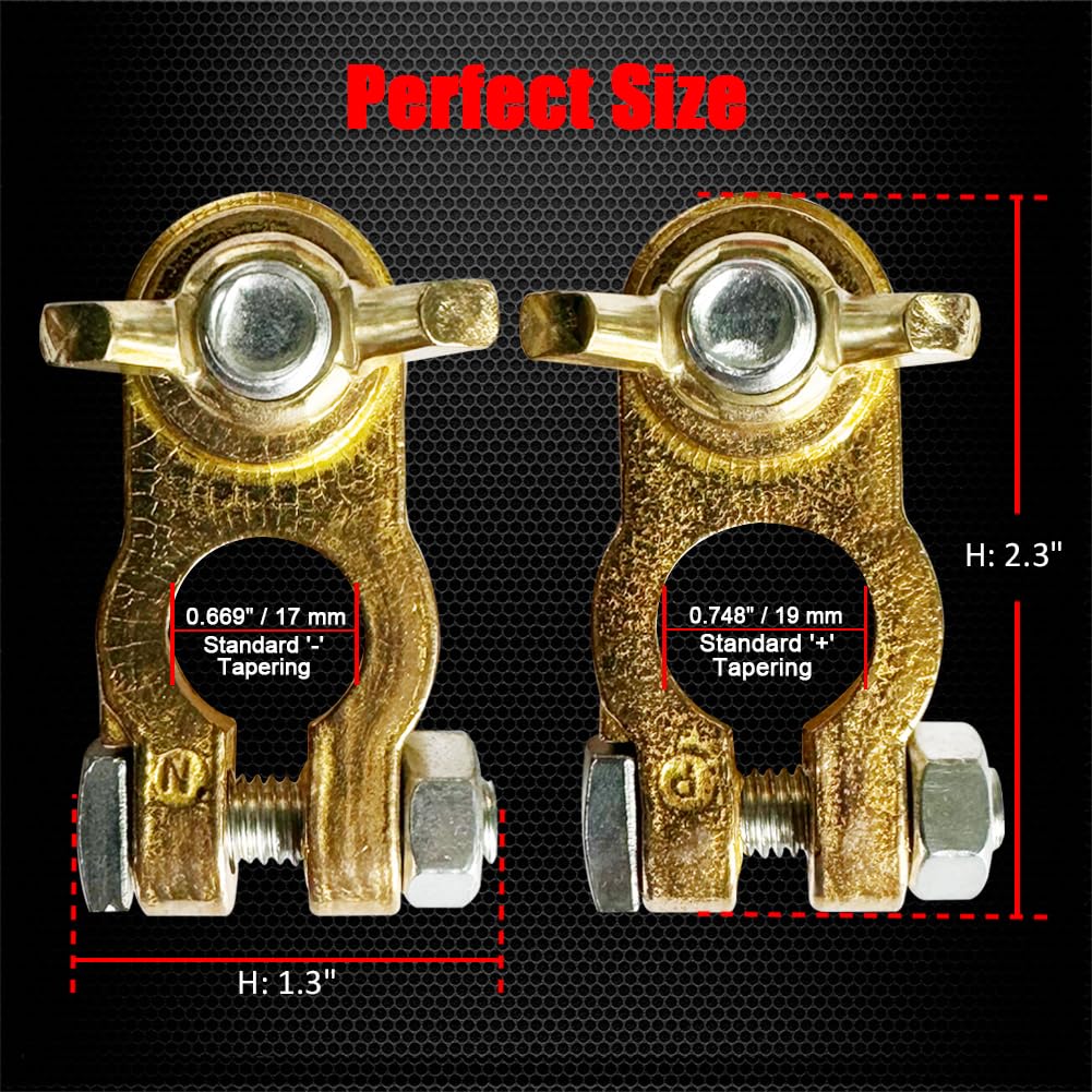 Ampper Brass Battery Terminal Connectors, Top Post Battery Terminals Clamp Set For Marine Car Boat Rv Vehicles (Wing Nuts, 1 Pai