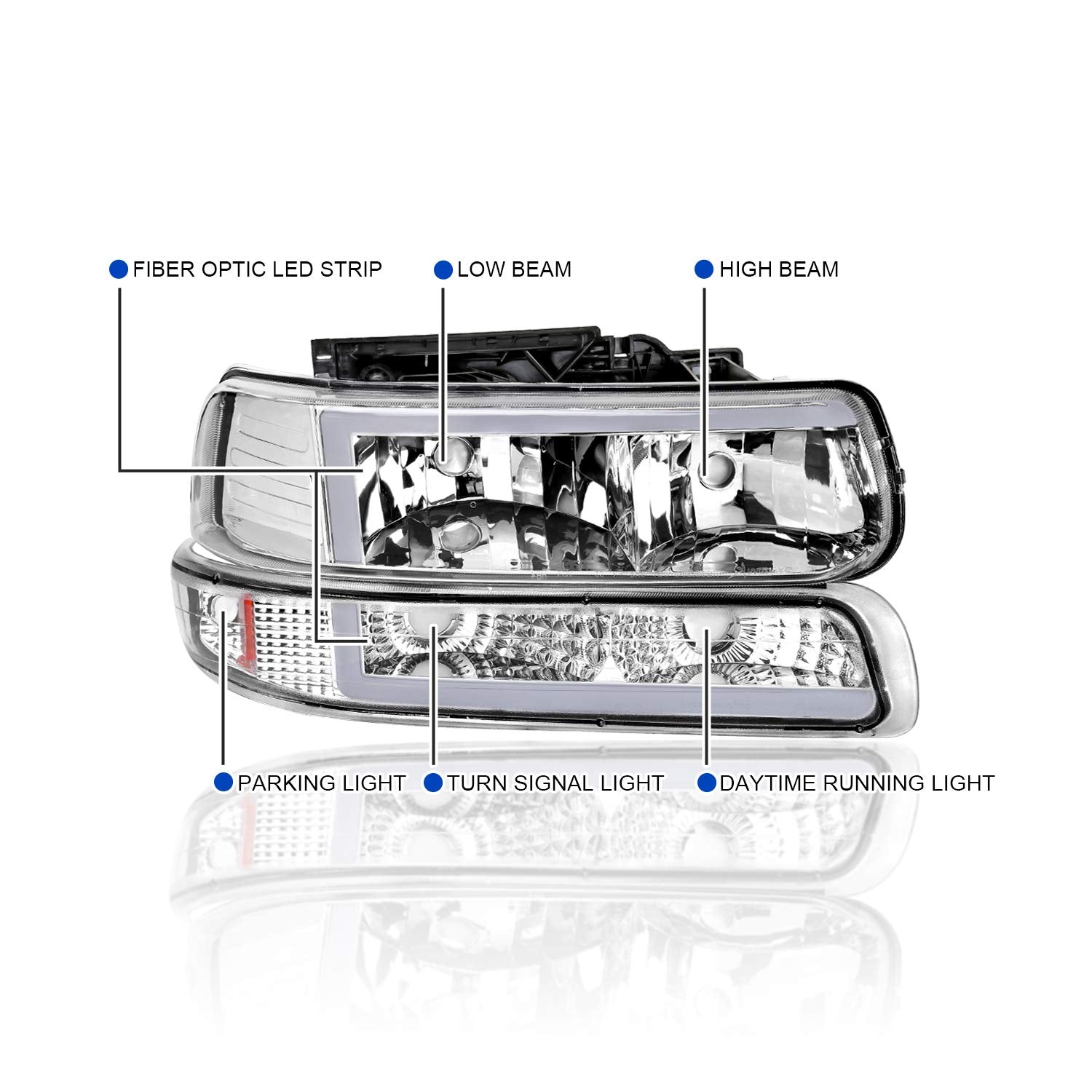 Spec-D Tuning Led Bar Chrome Housing Clear Lens Headlights + Bumper Lights 4Pc Compatible With 1999-2002 Chevy Silverado 2000-20