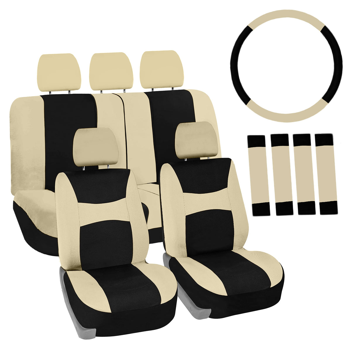 Automotive Seat Covers Beige Black Universal Fit Seat Cover Combo Set With Steering Wheel Cover And Seat Belt Pad (Airbag Compat