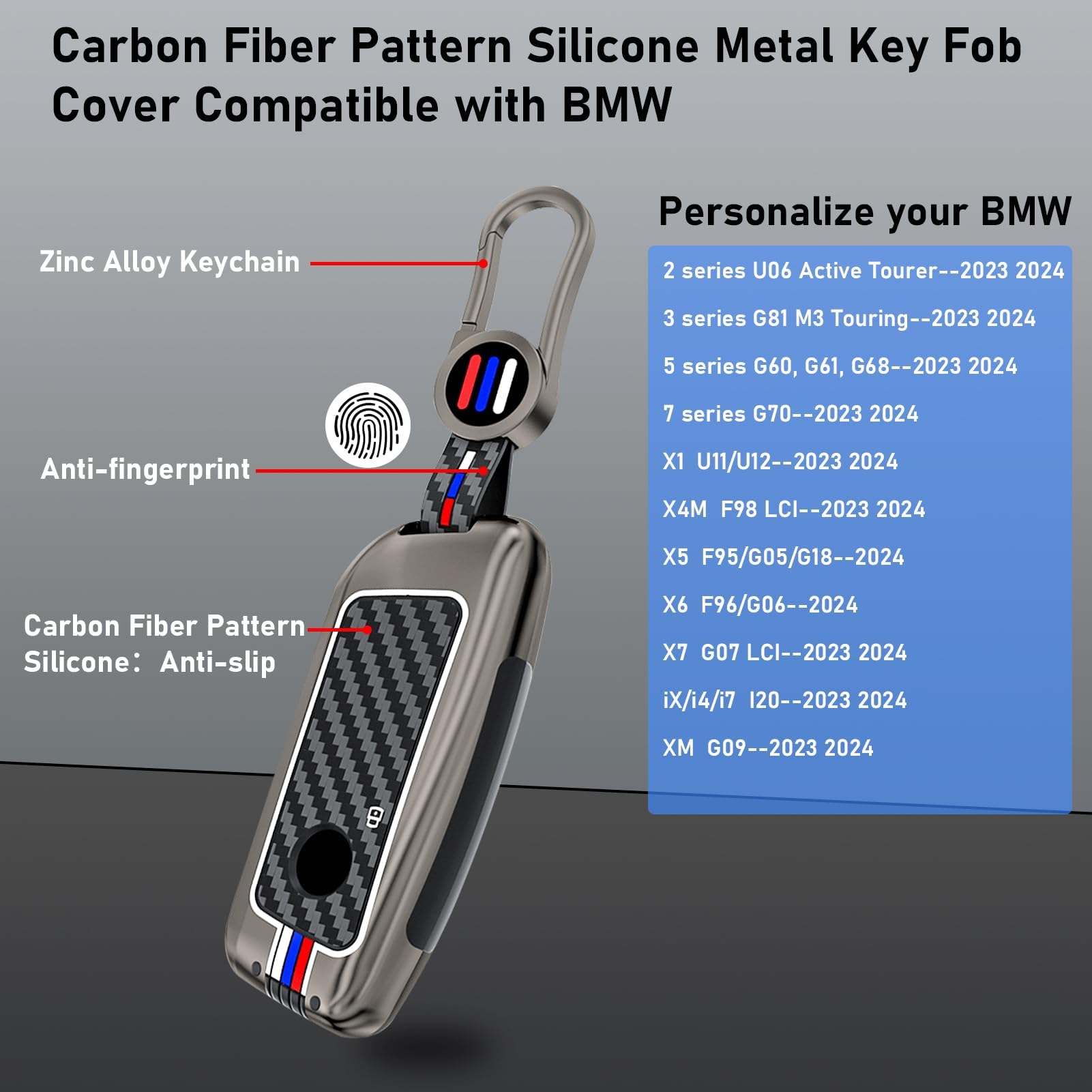 Jaronx Compatible With Bmw Key Fob Cover X5 X6 2025/ 2 3 5 7 X1 X7 Ix I7 Xm 2023-2025, Metal Keys Holder With Carbon Fiber Patte