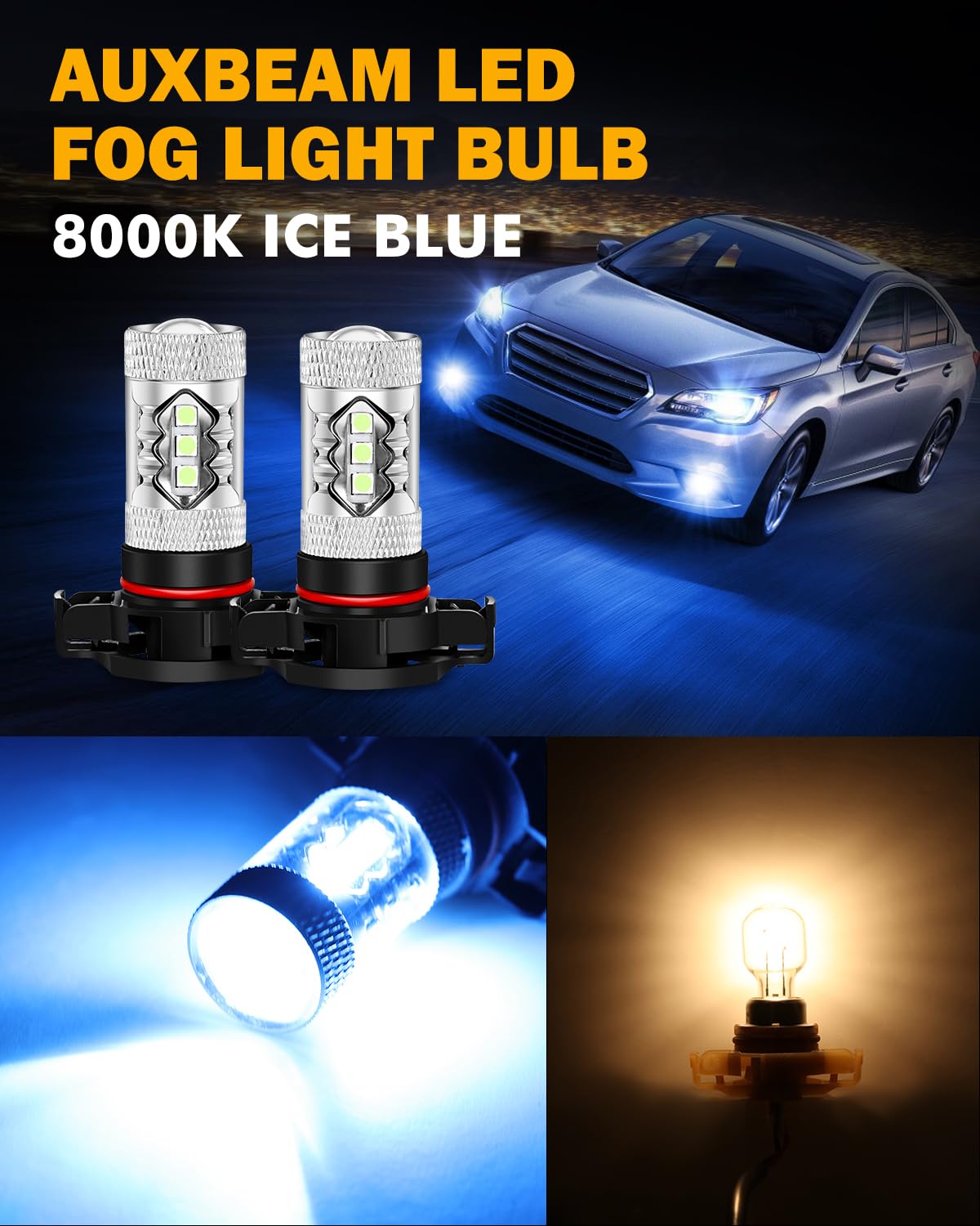 Auxbeam 5201/5202/9009 Fog Light Bulbs 8000K Ice Blue, High Power 50W 8000Lm Super Bright, 360-Degree Illumination, Fog Lamps Re