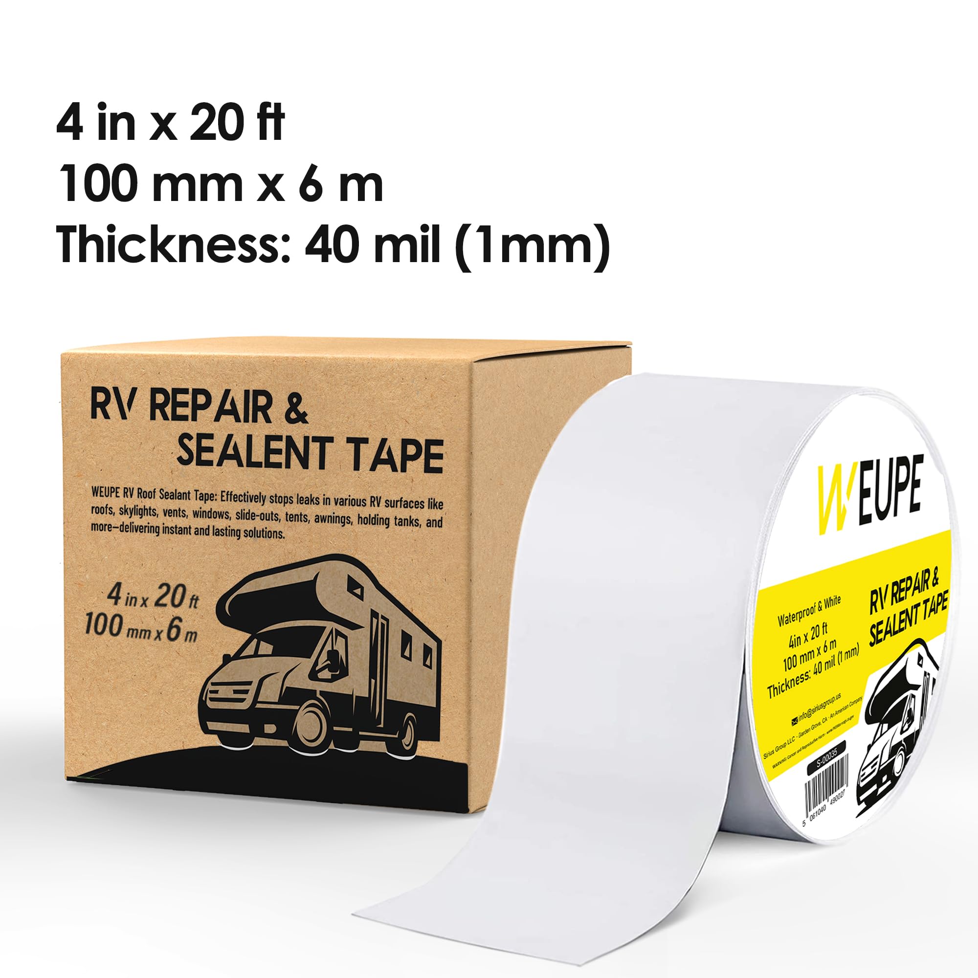 WEUPE RV Sealant Tape, White, 4 Inch x 20 Feet, Roof Patch Repair Tape, Roofing Tape for RV, Waterproof Leak Tape for RV punctur