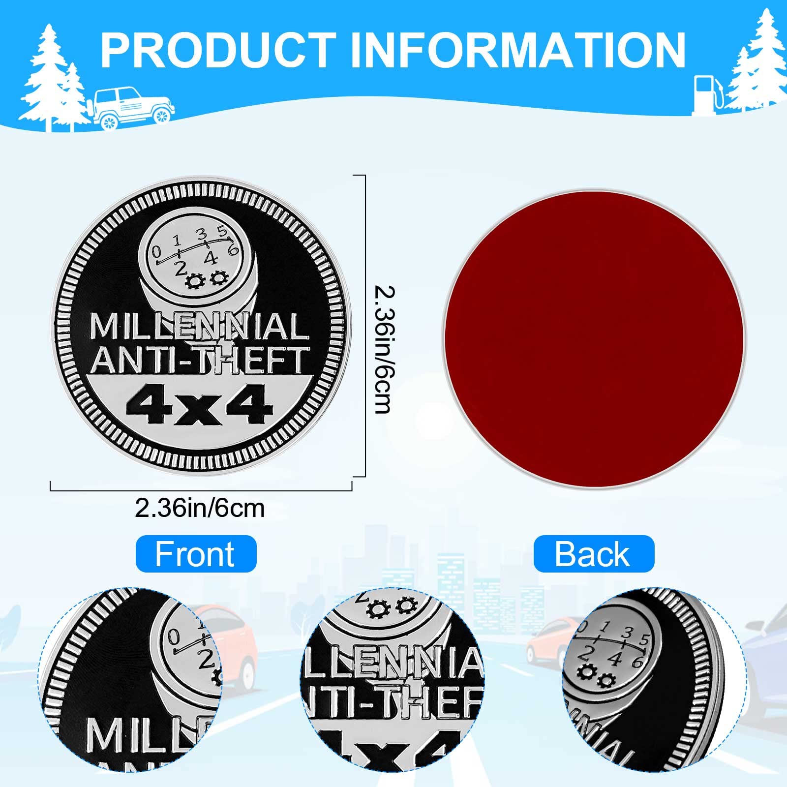 Anti-Theft Badge Rated Car Emblem, 4 X 4 Automotive Car Badge Decals Stickers 3D Metal Car Badges Round Emblem Decals Compatible With Jeep Wrangler Vehicles Trucks Suv + Mask Hook