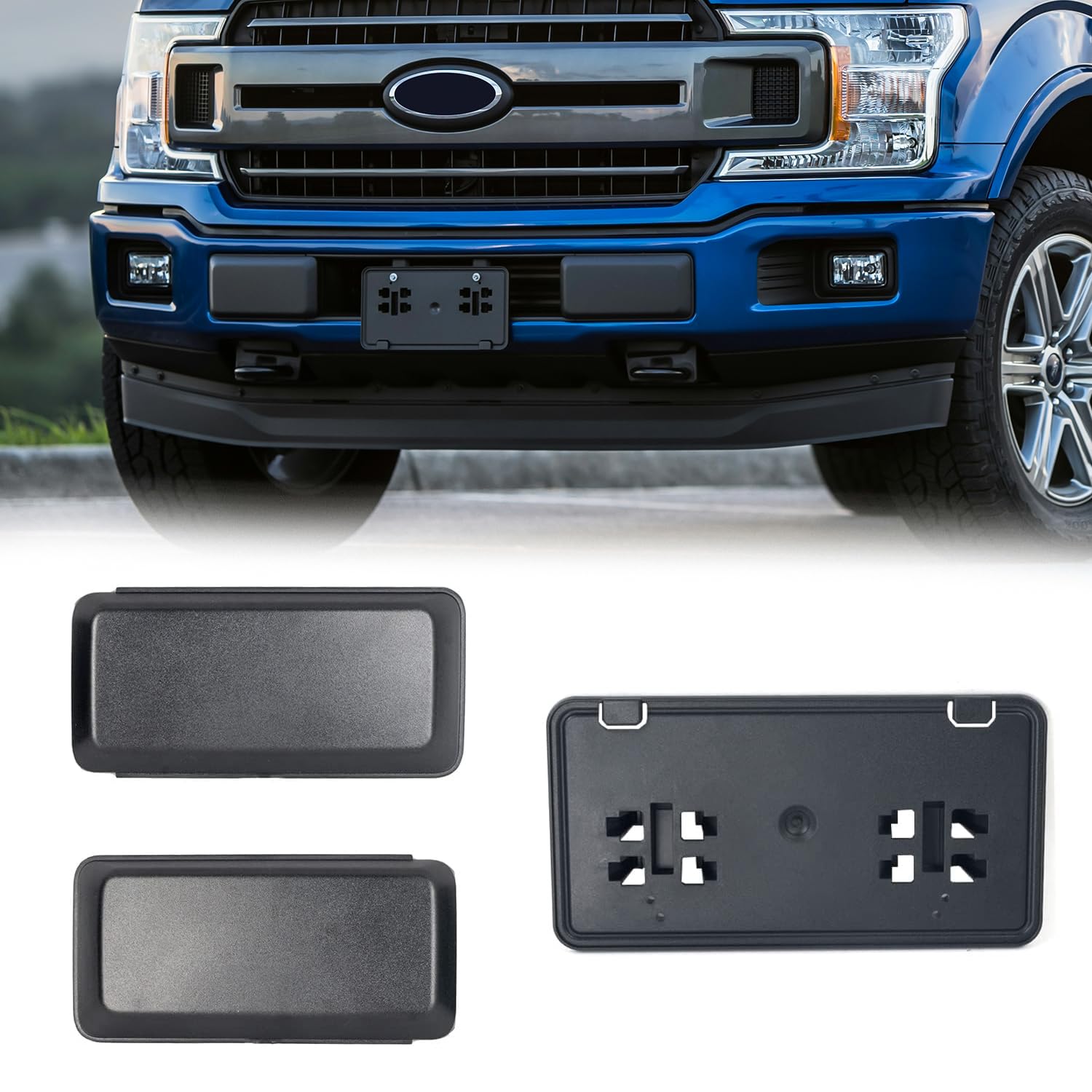 Karpal Bumper Guards Pads Insert Caps + License Plate Frame Bracket Compatible With 2018 2019 2020 Ford F150 F-150 Front Lh Left Driver + Rh Right Passenger Side