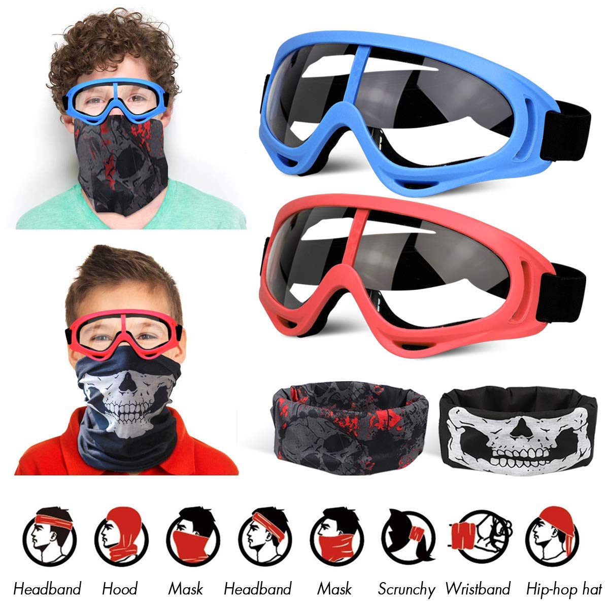Pokonboy 2 Pack Protective Goggles/Safety Glasses/Motorcycle Eyewear With Bandanas - Compatible With Nerf Game Battle For Kids (