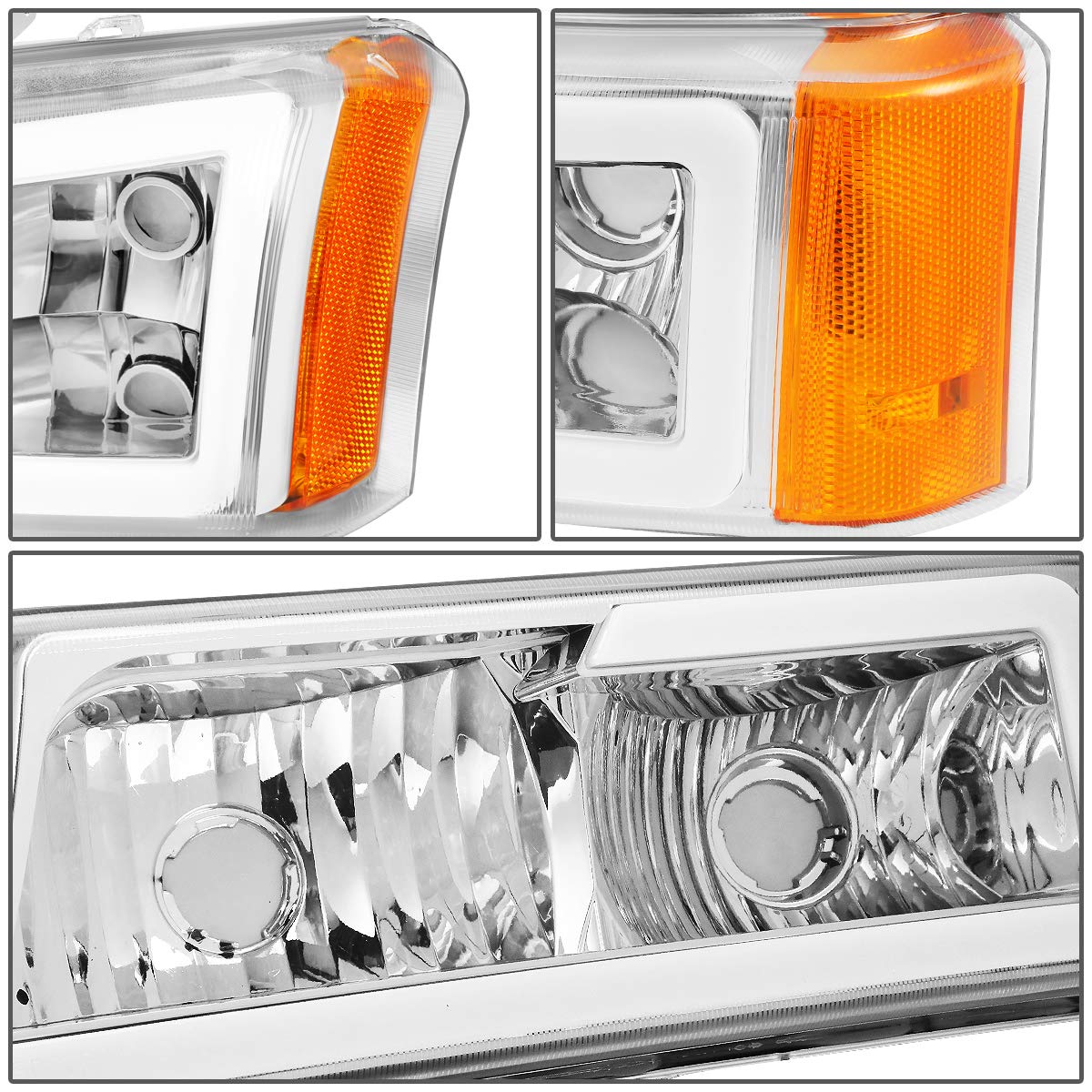 Dna Motoring Hl-Lb-Csil03-Ch-Am Chrome Amber 3D Led Drl Headlight Bumper Lamp Set Compatible With 03-06 Silverado 1500-3500 / Av