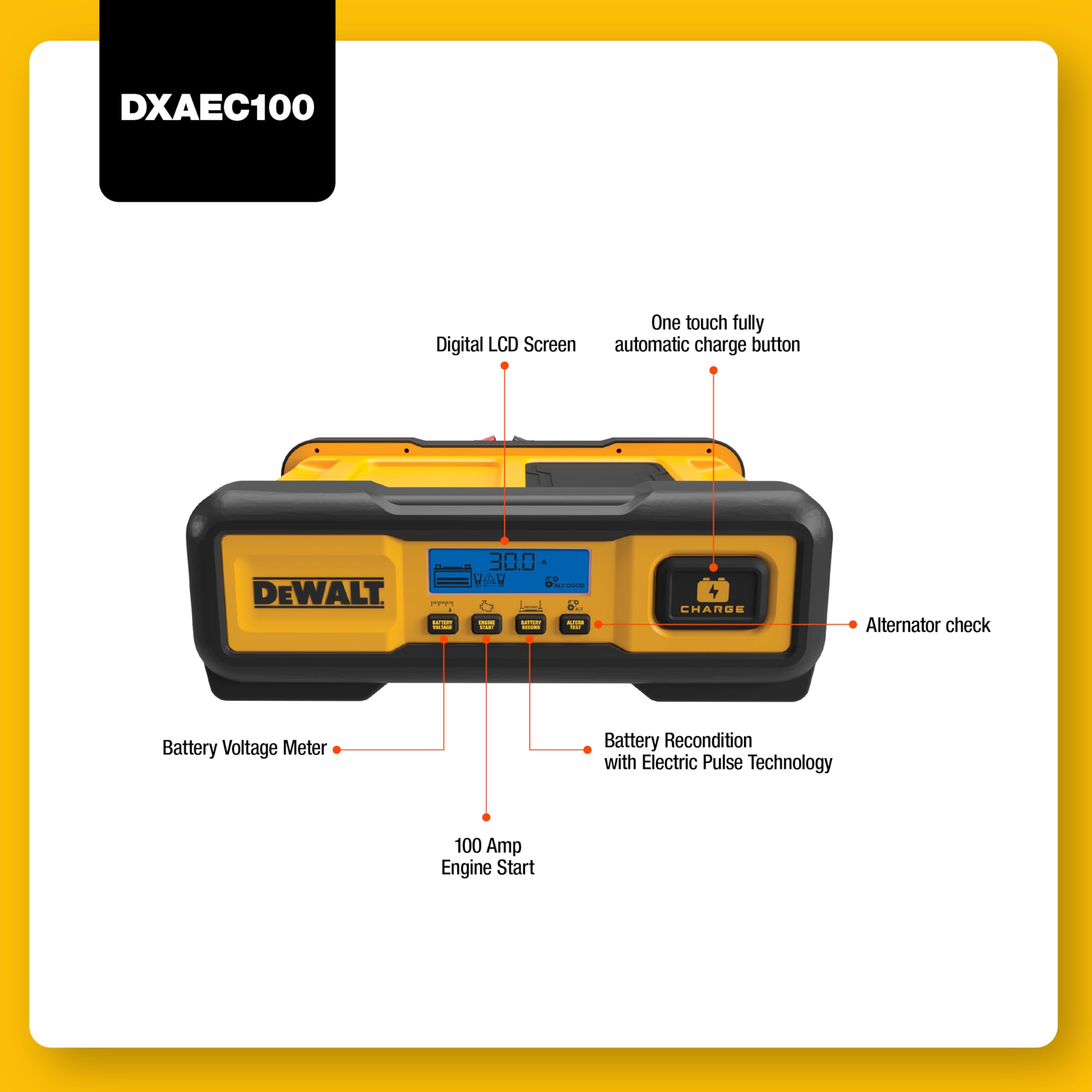 DEWALT DXAEC100 Professional 30-Amp Battery Charger and 3-Amp Maintainer with 100-Amp Engine Start