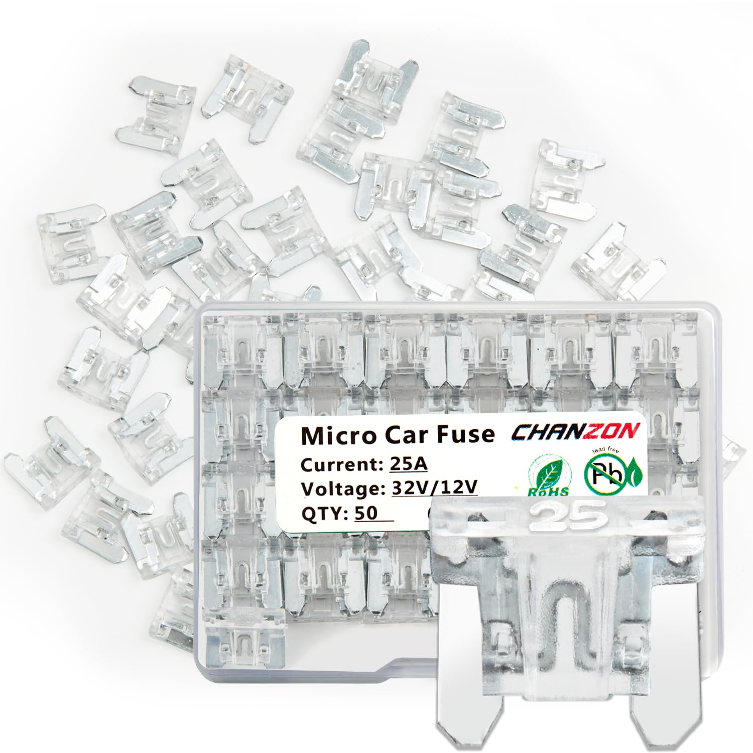 Chanzon 50Pcs 25A Low Profile Mini Micro Blade Fuse 25 Amp 32V Fast Blow Fuses for Automotive Car Truck Vehicle SUV