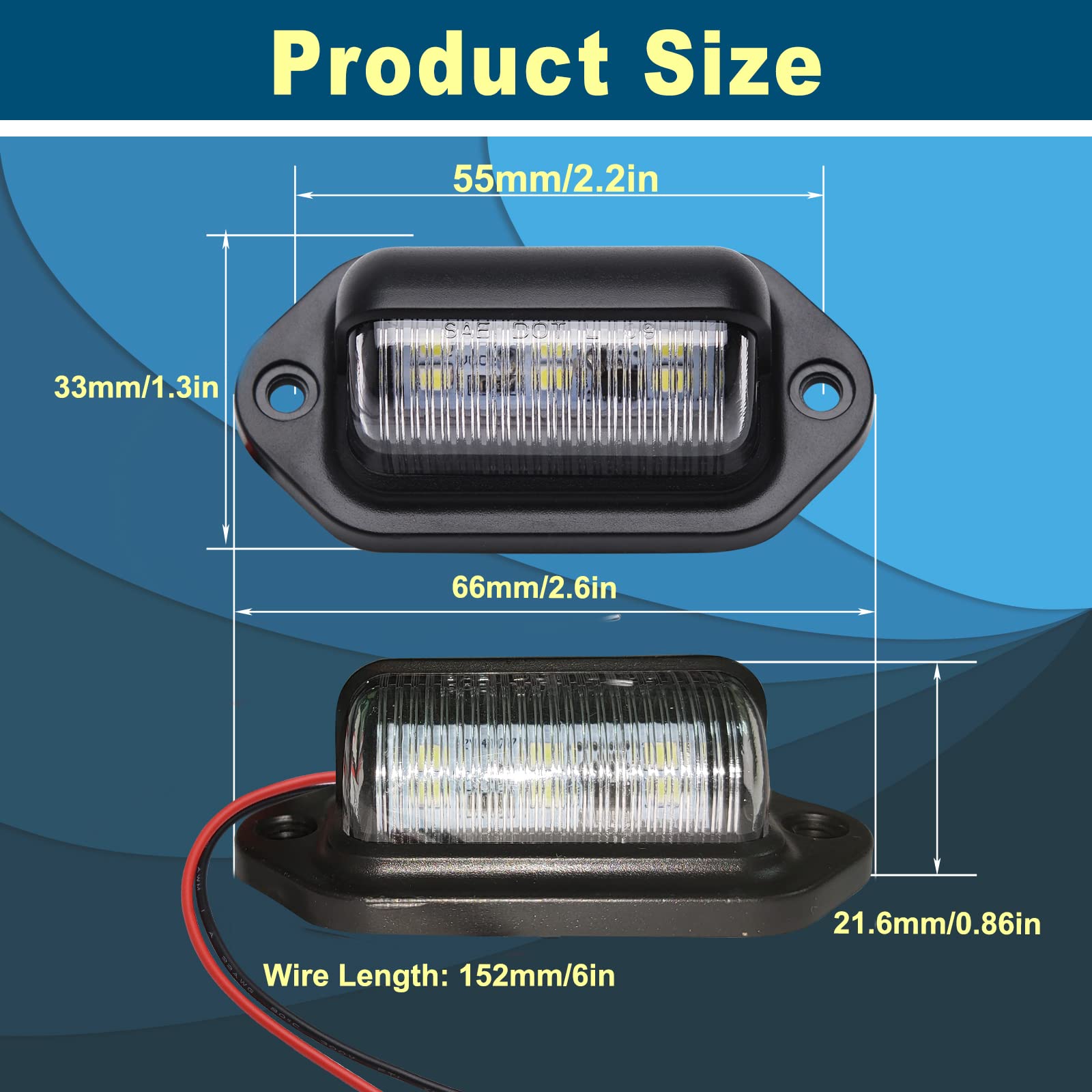 2Pcs Xenon White Led License Plate Light - 12V-24V Dc Waterproof 6-Smd Lamp Taillight For Truck, Suv, Trailer, Van, Rv, Boats -
