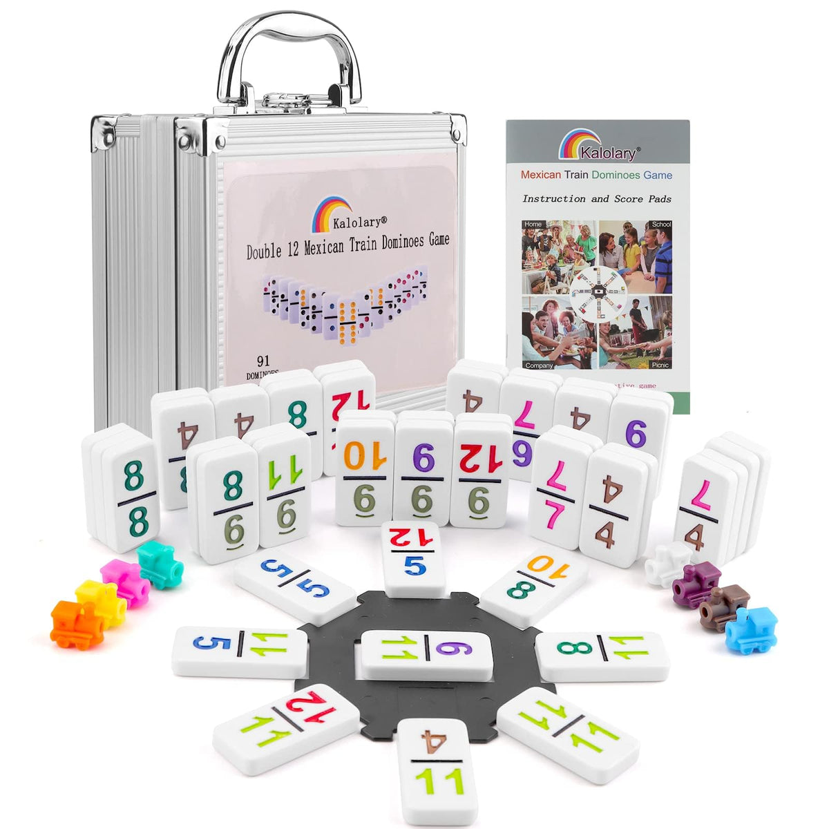 Kalolary Double 12 Mexican Train Dominoes, 91 Tiles Number Dominoes Games In An Aluminum Case With 9 Trains Instruction Booklet 