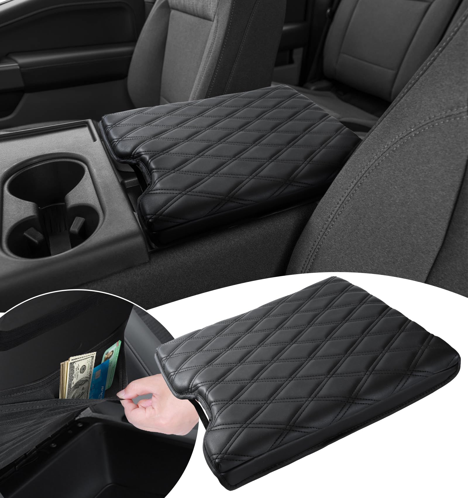 Thickened Center Console Armrest Cover With Hidden Pockets For 2015-2025 F150 Accessories, 2017-2025 F250 F350 F450, Pu Leather