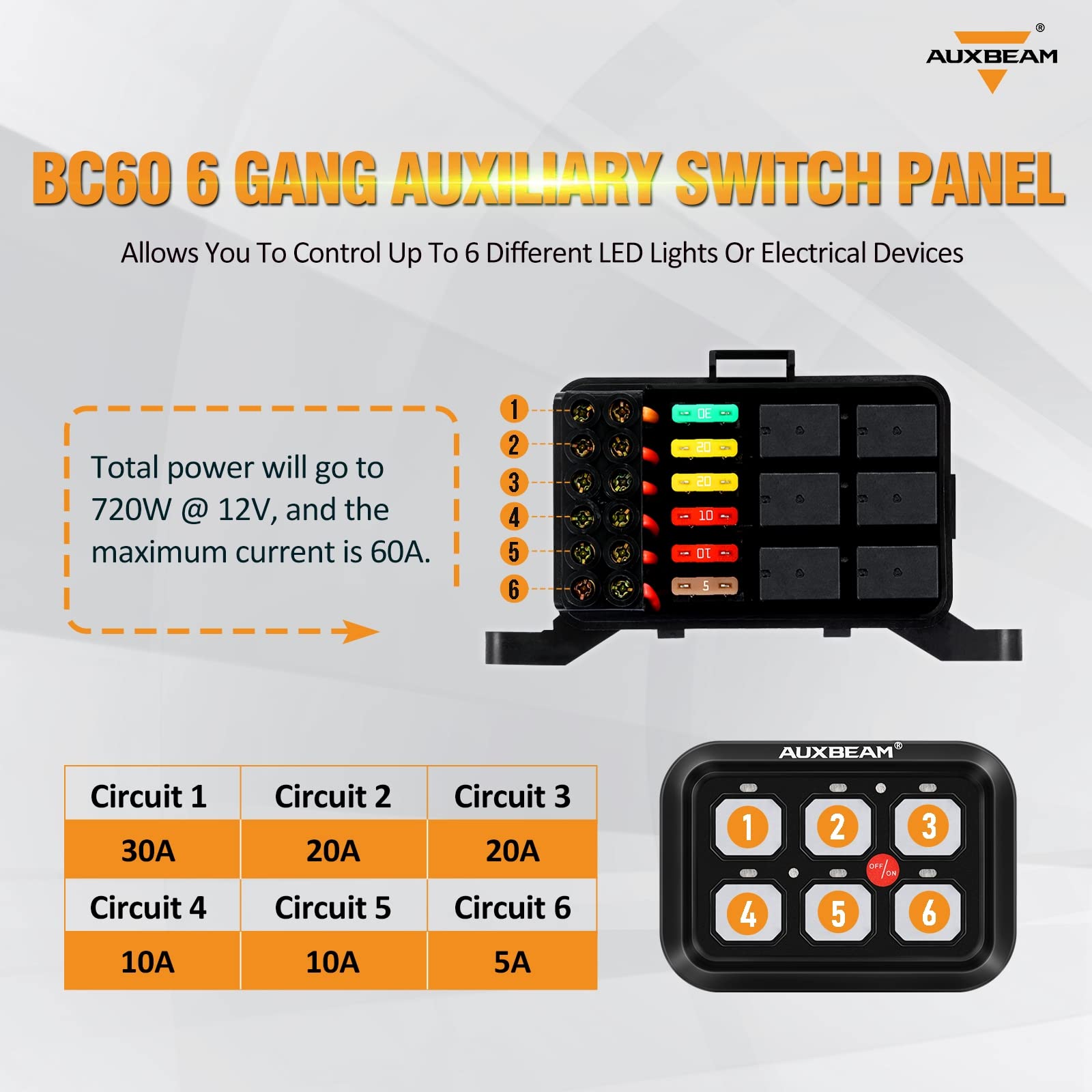 Auxbeam 6 Gang Switch Panel BC60, Universal Circuit Control Relay System Box with Automatic Dimmable On-Off LED Switch Pod Touch