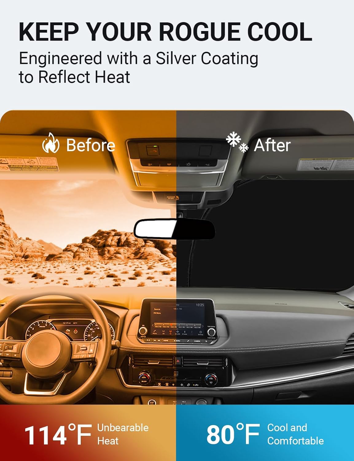 Proadsy 2025 Upgrade Windshield Sun Shade Custom Fit Nissan Rogue 3Rd Gen.(Not For Rogue Sport) 2021-2025 4-Layer Foldable Front