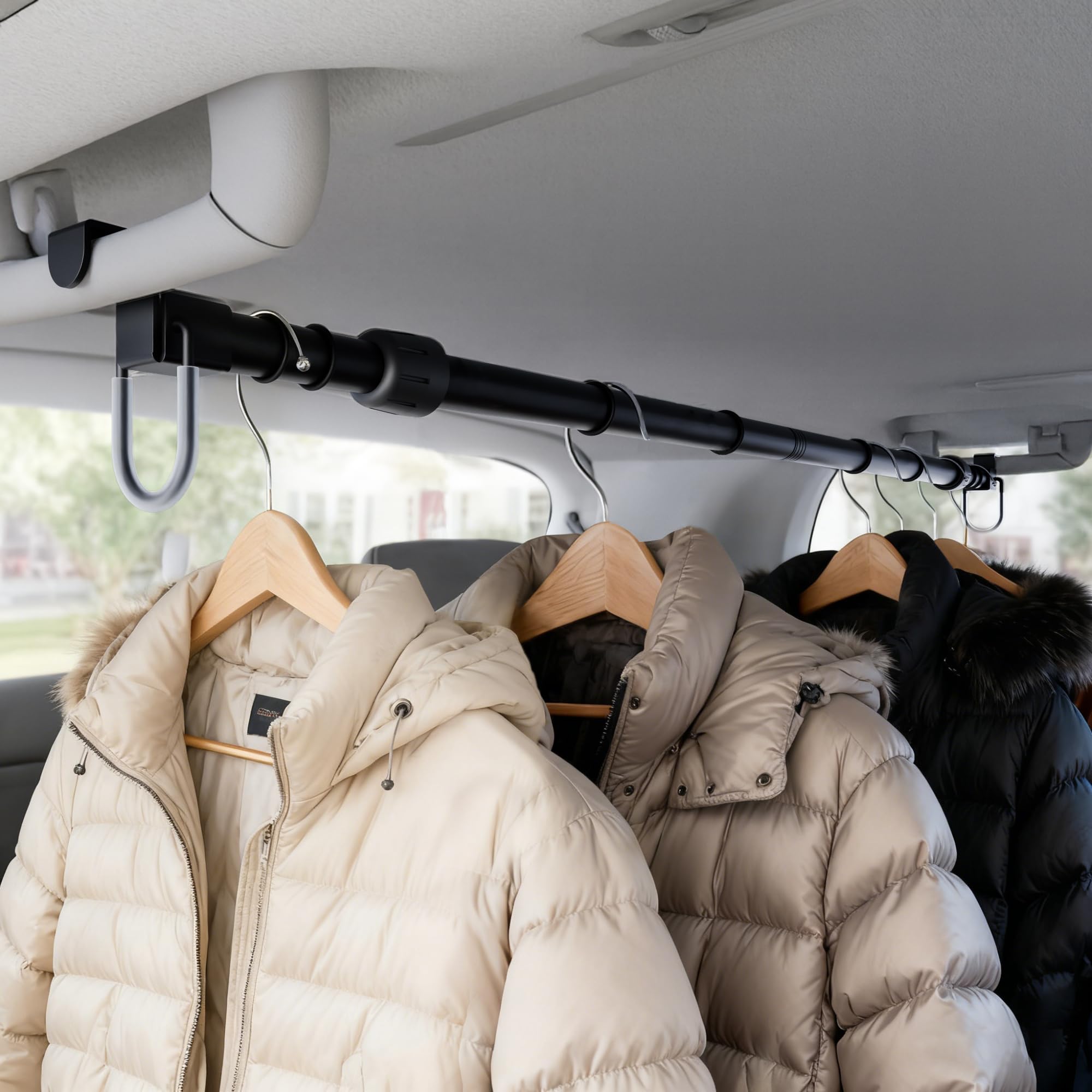 Adjustable Car Clothes Hanger Bar 35-60 Inches - Heavy Duty Travel Garment Organizer, Anti-Wrinkle, Non-Slip Rubber Bands, Fits 