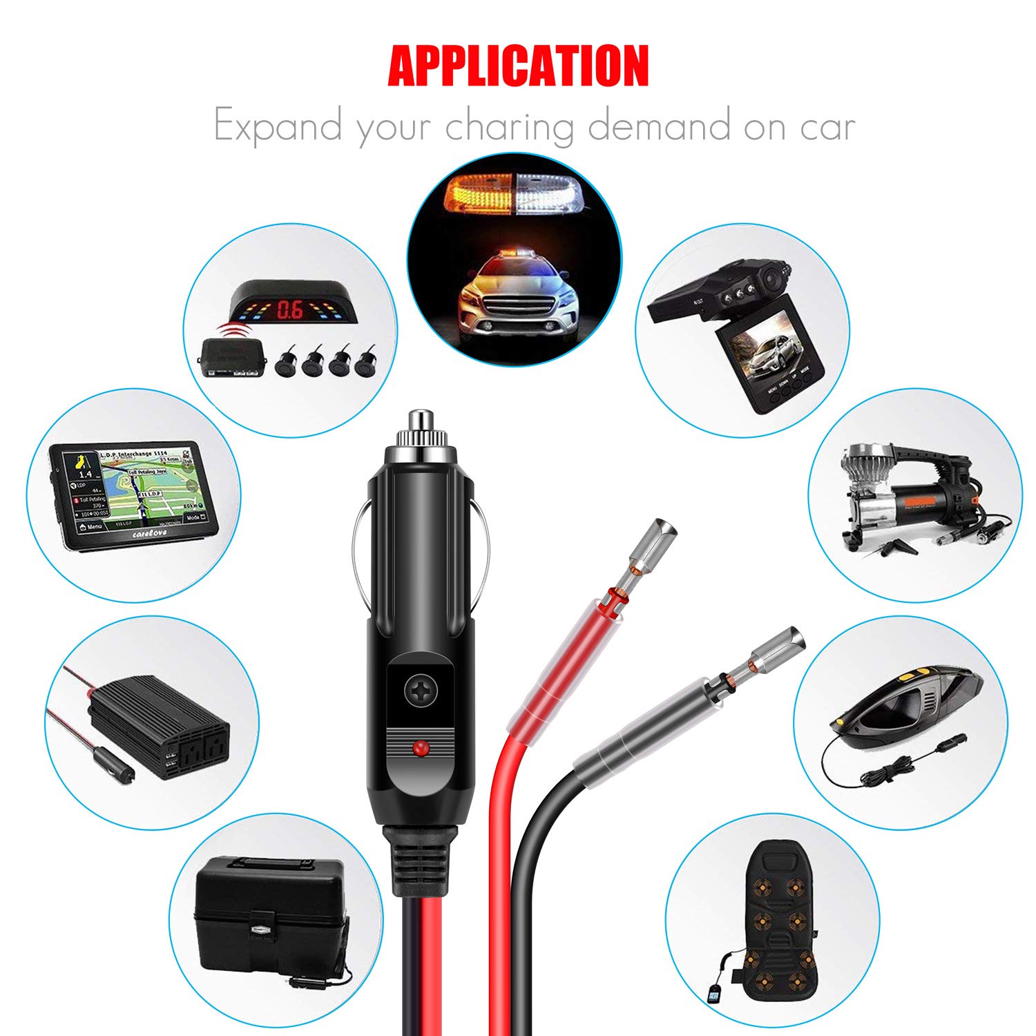 Yonhan Cigarette Lighter Male Plug 12V Fused Replacement 2 Pack, Male Cigarette Lighter Plug Adapter With Leads & Led Light, 12V