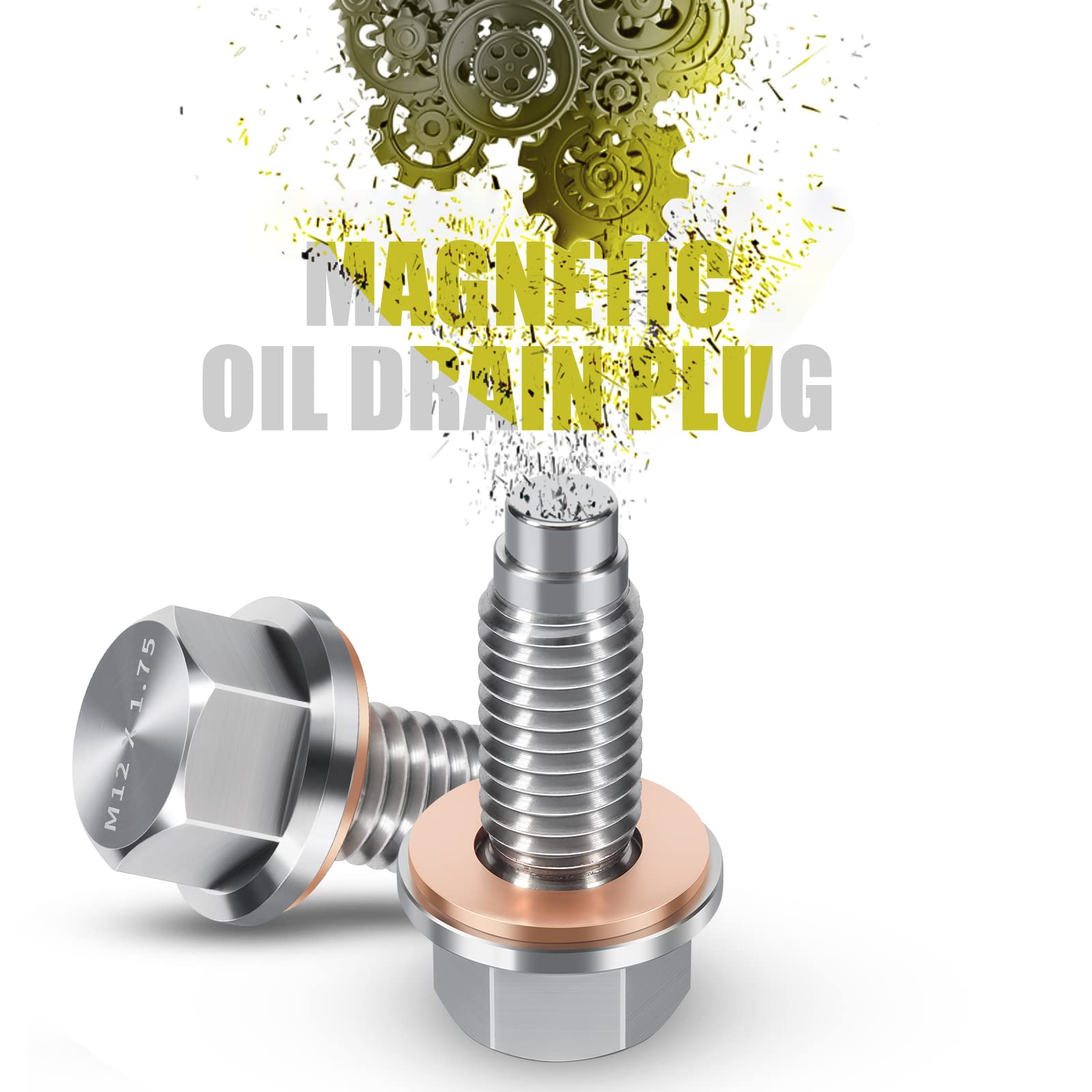 Oxygenie M12 X1.75 Magnetic Oil Drain Plug Stainless Steel With Red Copper Washer Gaskets Replacement For Chevrolet, Gmc, Buick