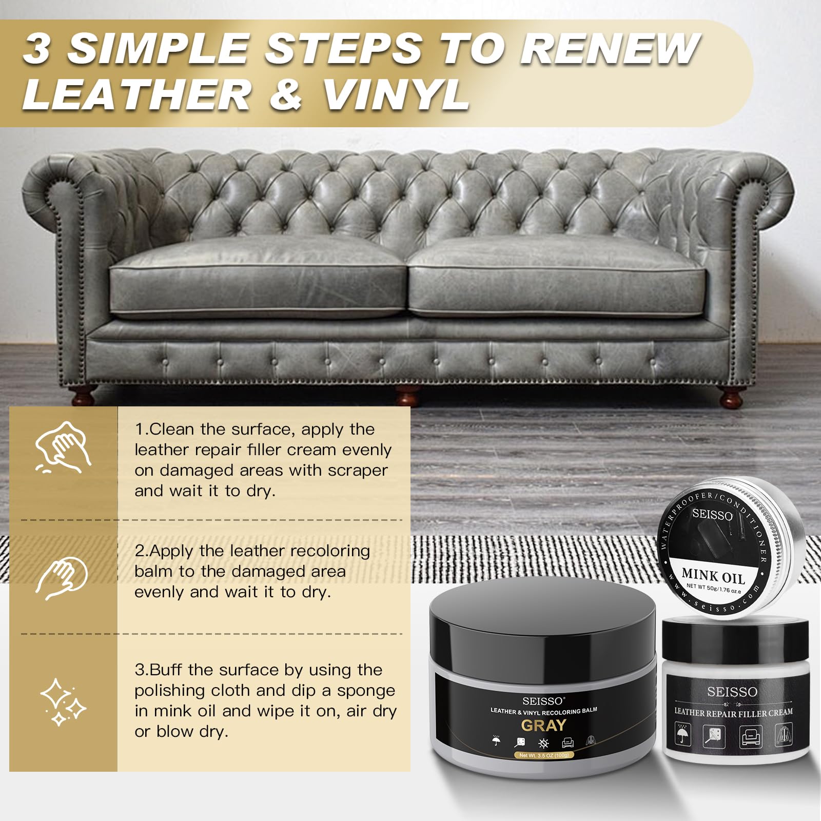 SEISSO Leather Repair Kit for Furniture, Gray Vinyl Repair Kit with Mink Oil Car Interior Leather Recoloring Balm for Scratches,