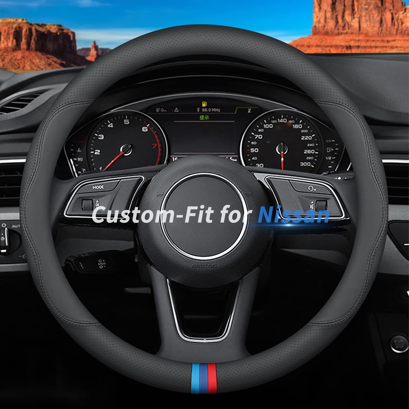 Deer Route Custom-Fit For Nissan Steering Wheel Cover, Premium Leather Car Steering Wheel Cover With Logo, Non-Slip, Breathable, For Nissan Accessories (D-Style,For Nissan)