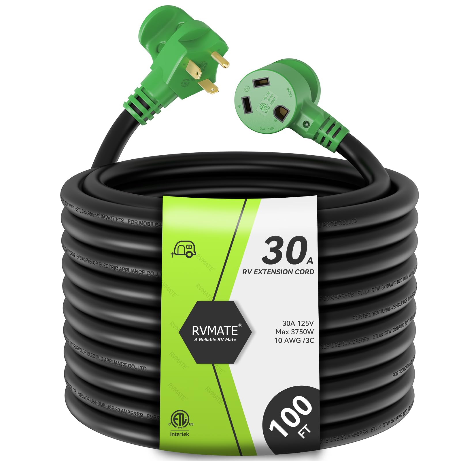 Rvmate 30 Amp 100 Feet Rv Power Extension Cord With Easy Plug-In Handle, Tt-30P To Tt-30R, Led Indicator, 10 Awg, Etl Listed