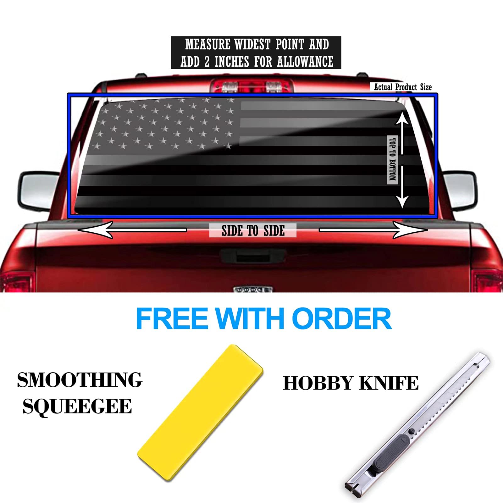 American Flag Decals For Trucks, Rear Window Decal, Truck Back Window Graphics Black Gray-Size 66'' X 20''