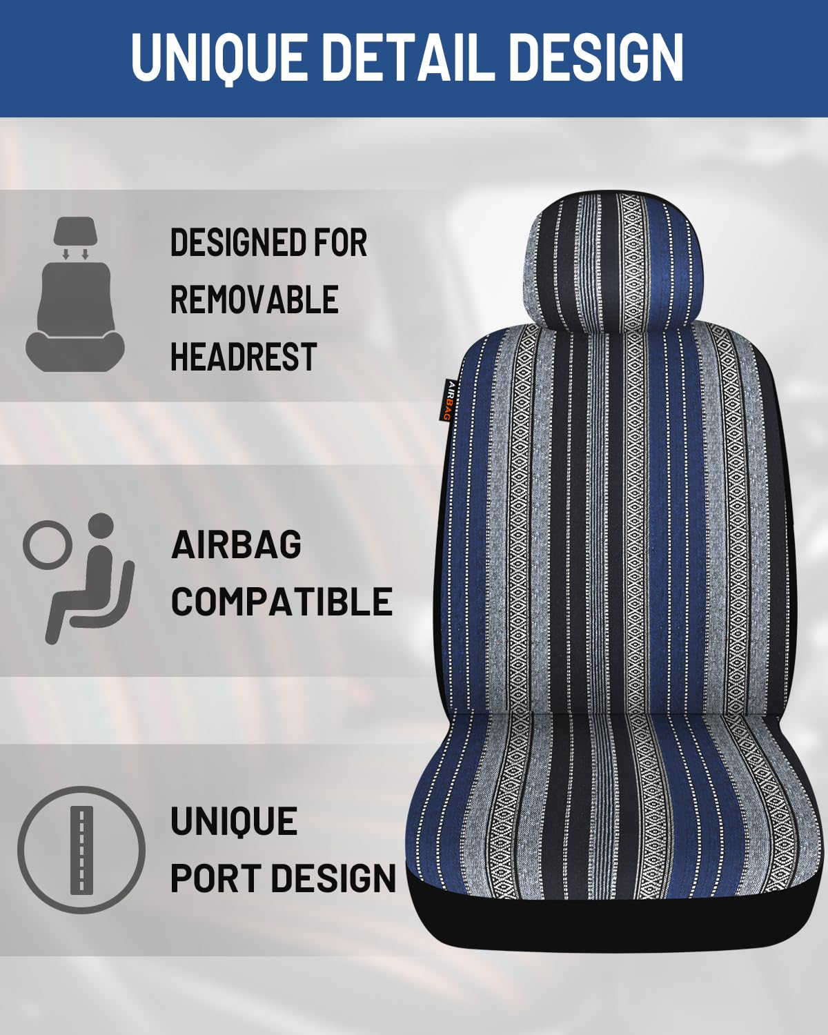 Sino Salected Baja Saddle Blanket Car Seat Covers Full Set with Seat Belt Pads and Steering Wheel Cover, Washable Breathable Str