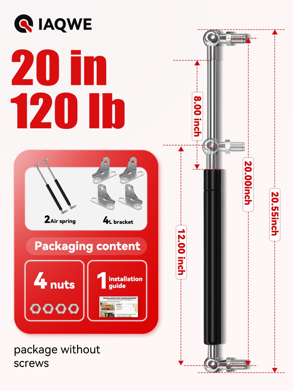 Iaqwe 20 Inch Gas Struts 120Lb/534N Spring Shocks With L-Type Mounts For Rv Bed Storage Heavy-Duty Tool Box Cabinet Trap Door Tr