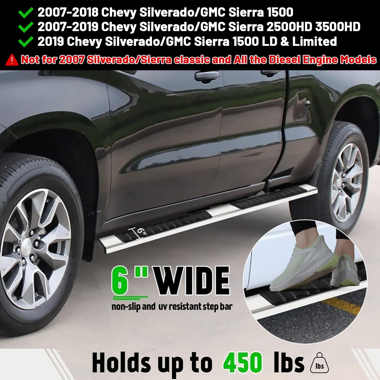 Pz 6'' Double Cab Running Boards For 2007-2018 Chevy Silverado/Gmc Sierra 1500, 2007-2019 For 2500Hd 3500Hd 2019 Ld Mirror Stain