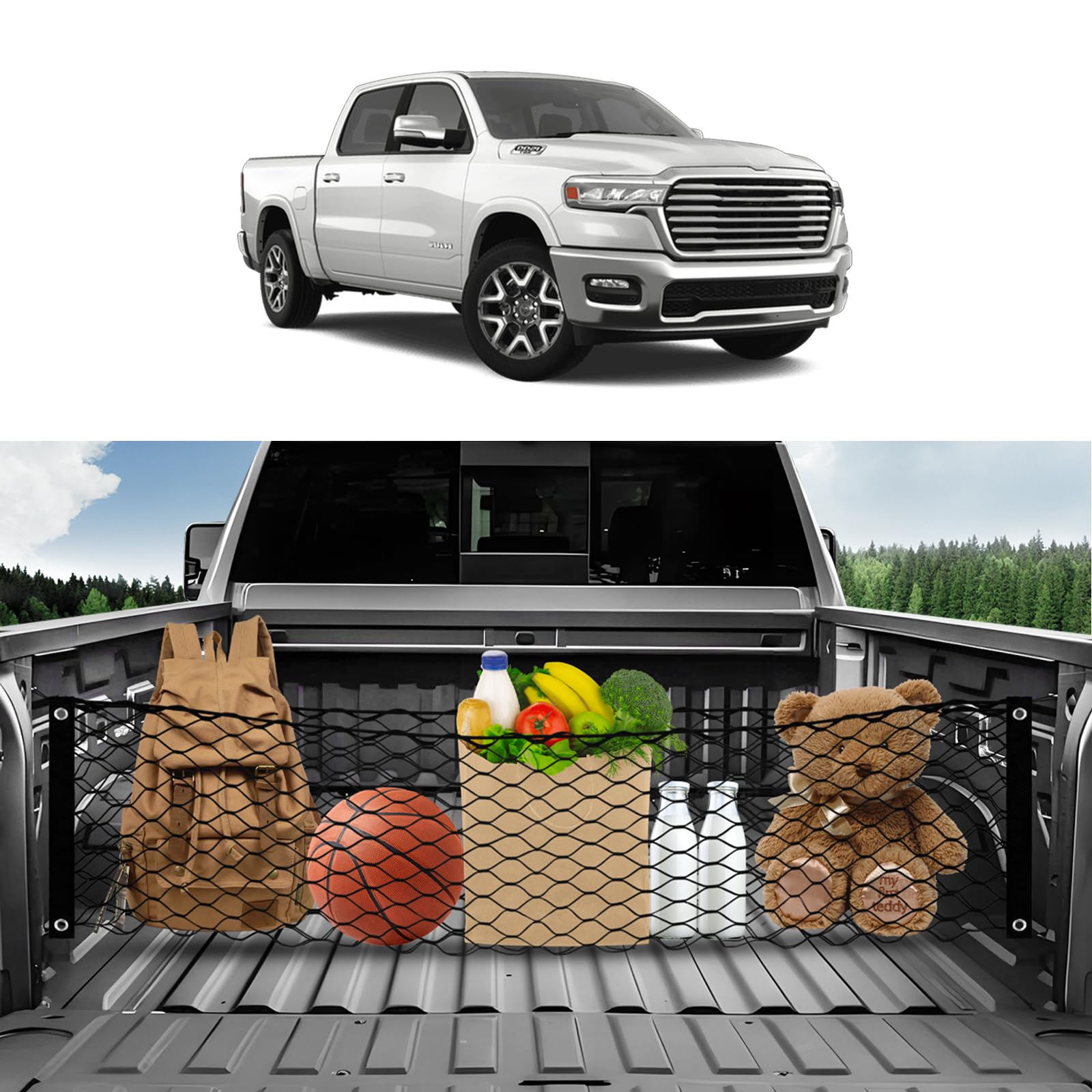 Karltys Truck Bed Cargo Net For Dodge Ram 1500 2019-2024 2025, Envelope Style Pickup Truck Bed Tailgate Net For Ram 1500 Accesso