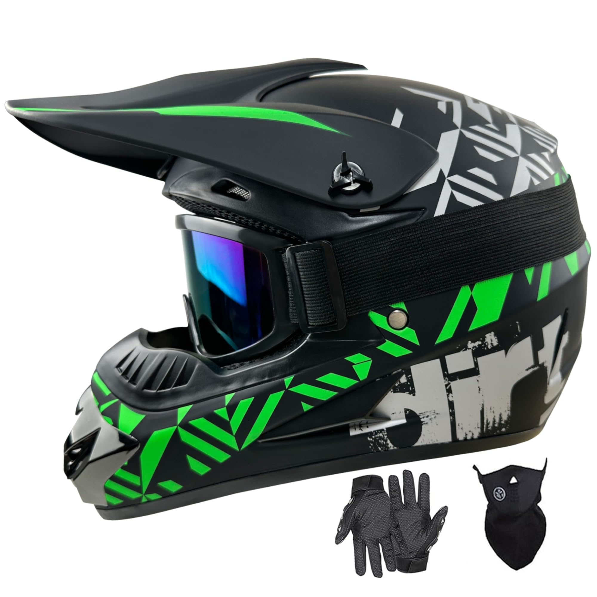 Sanqing Motocross Helmet Fashion Youth Adult Dirt Bike Helmet Unisex-Adult Dirt Bike Off-Road Mountain Bike Motorcycle Helmet Dot Approved (Gloves Goggles Face Shield) 4Pcs Set (Large, Blackgreen)