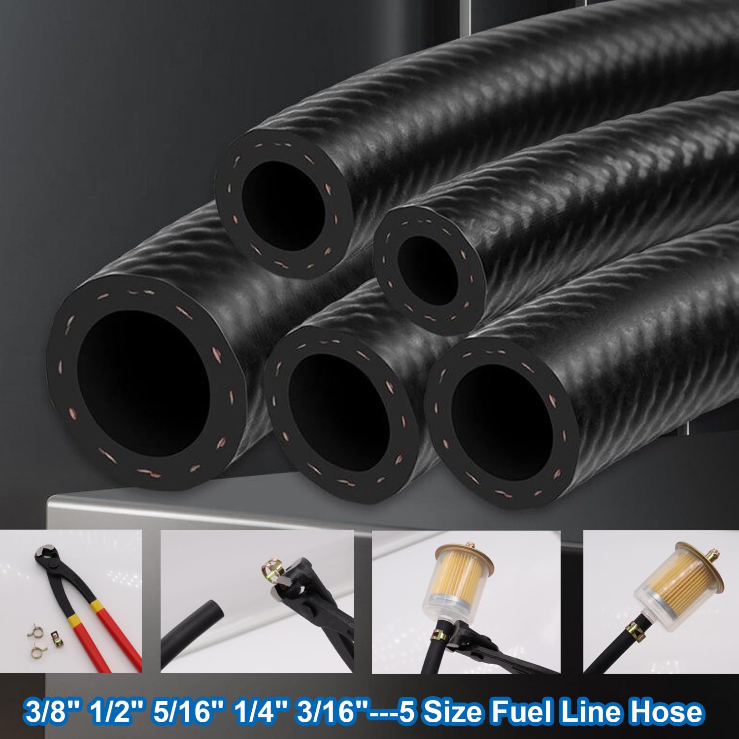 Smseace 25Pcs 3.3Ft 5-Size Fuel Line Hose Kit - 3/8'' 1/2'' 5/16'' 1/4'' 3/16'' Id Nbr Rubber Fuel Hose With Hose Clamps For Sma