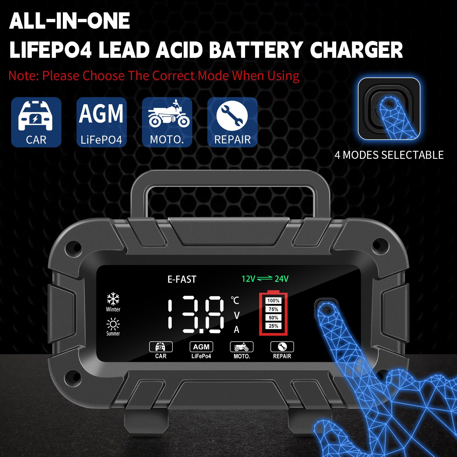 E-FAST Battery Charger 0-20A 12/24V Lifepo4 Lead Acid Automatic Smart Car Battery Charger, Trickle & Pulse Repair, Automobile Ba