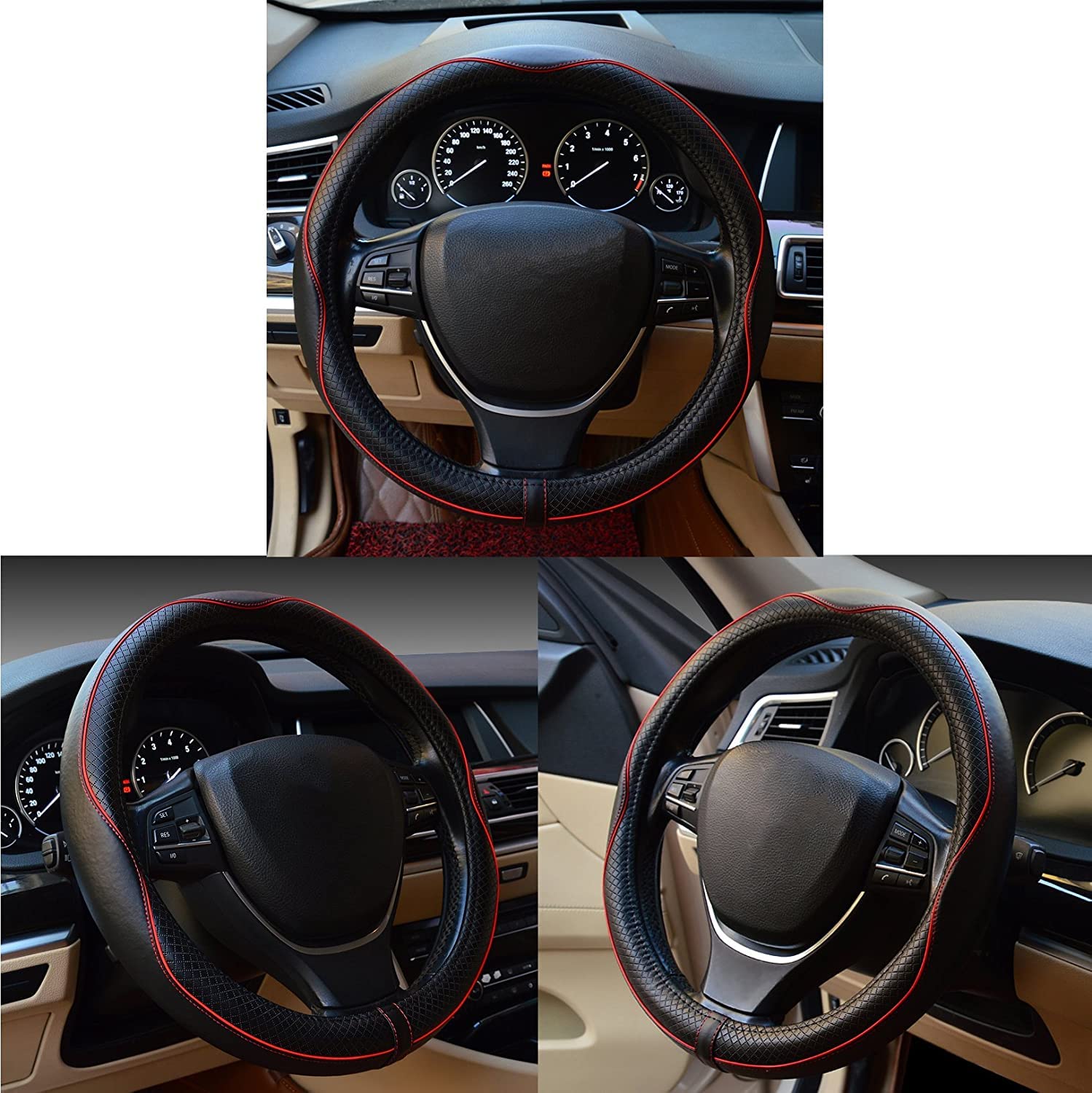 Car Steering Wheel Cover, Anti-Slip, Safety, Soft, Breathable, Heavy Duty, Thick, Full Surround, Sports Style (Black With Red Line)