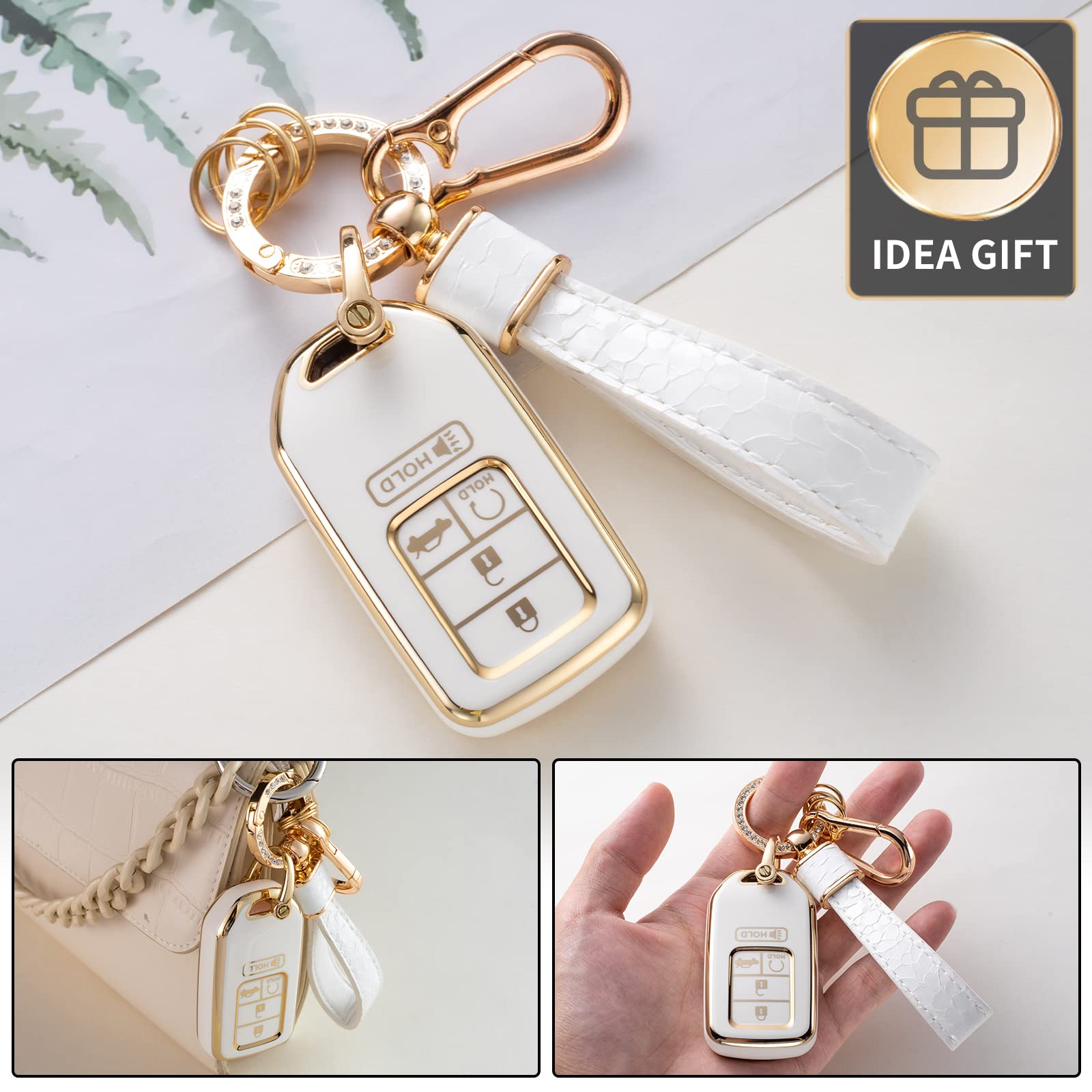 Cacarlike For Honda Key Fob Cover With Leather Lanyard, Car Key Fob Case Compatible With Honda Accord Civic Crv Pilot Odyssey Sm