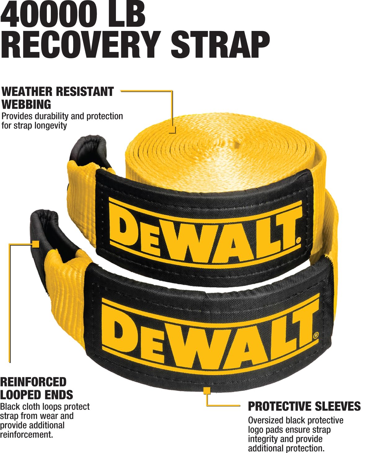 DEWALT DXBC40000 Black/Yellow 4 x 30' Recovery Tow Strap - 13,333 lb Safe Working Load / 40,000 lb Break Strength