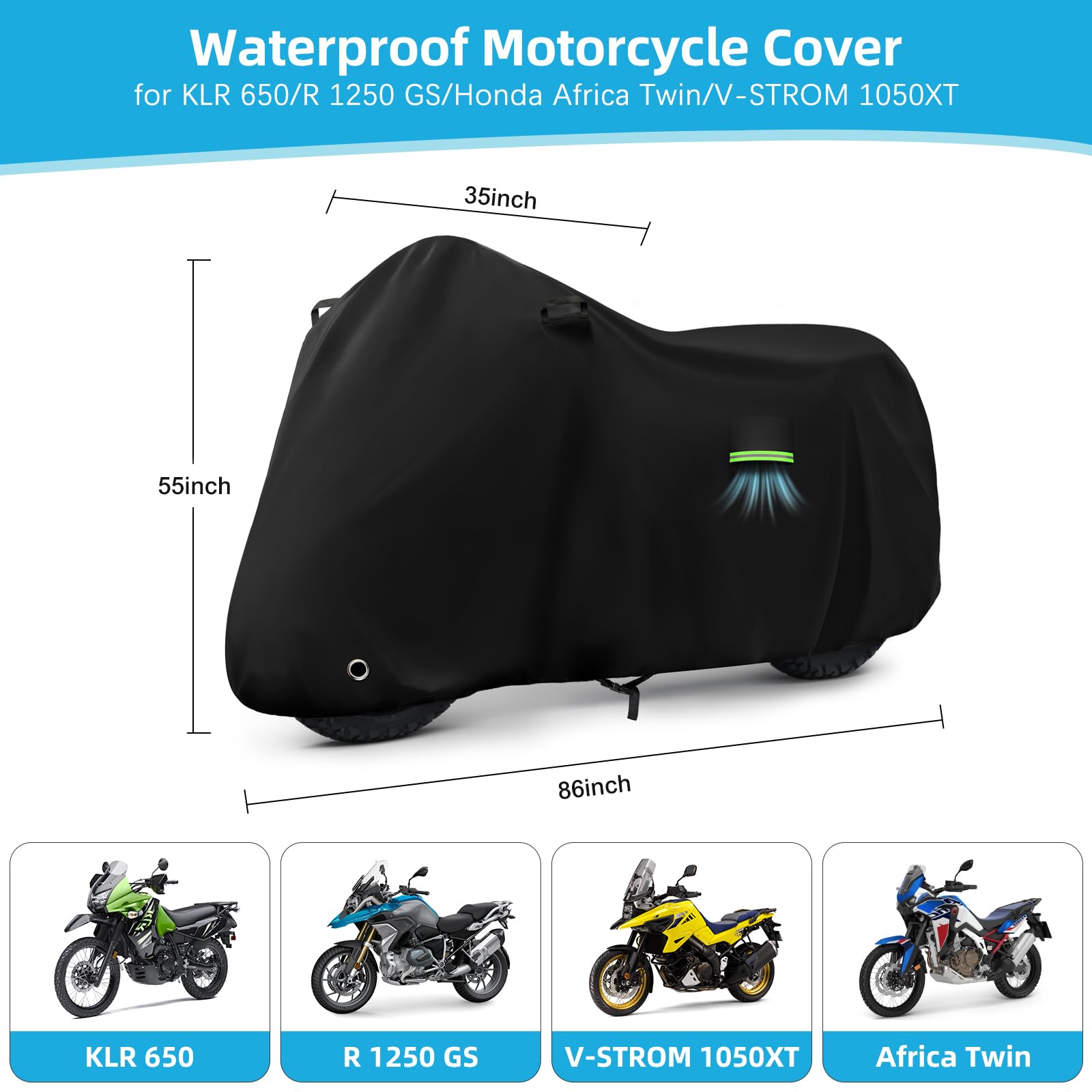 Motorcycle Cover Waterproof for Kawasaki KLR 650/R 1250 GS/Honda Africa Twin/V-Strom 1050XT, Heavy Duty Outdoor Sun UV Rain Dust