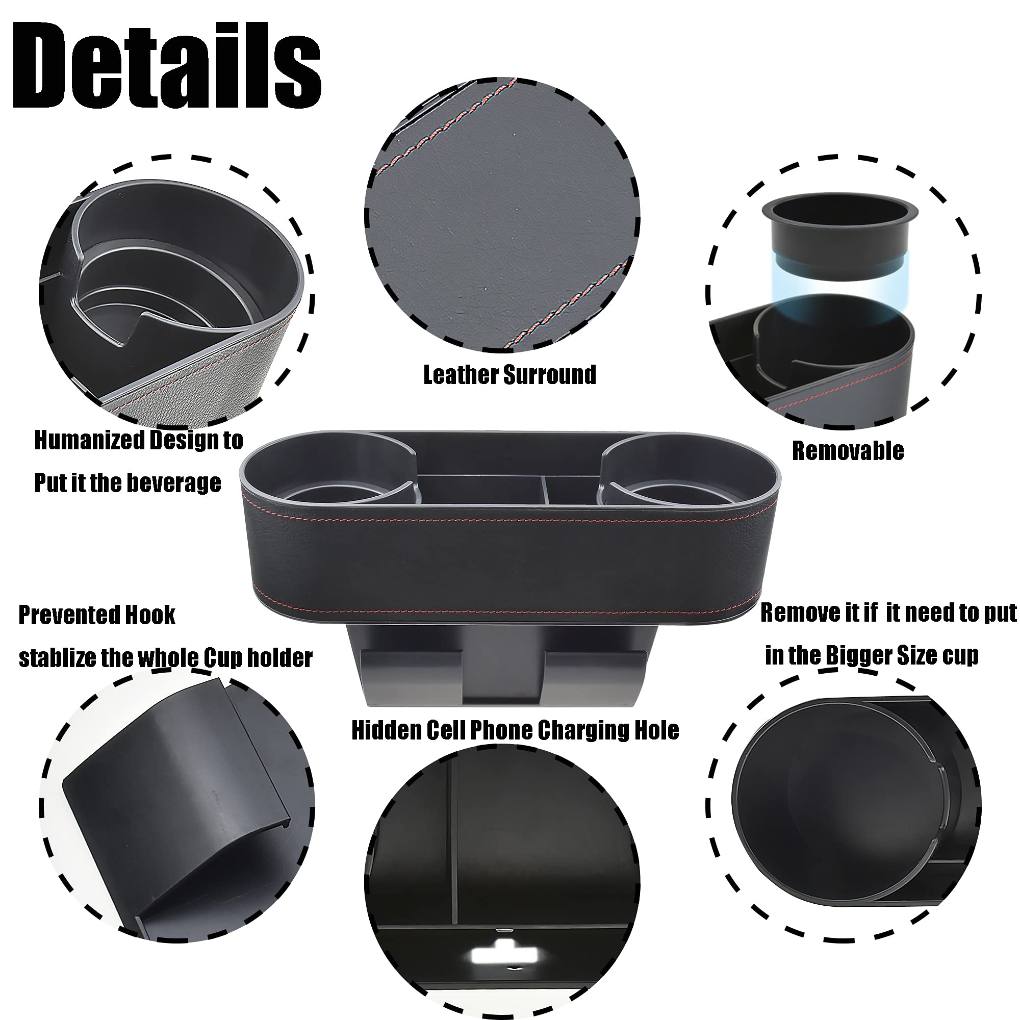 Universal Car Cup Holder & Console Organizer With Premium Leather Accent - Dual Cup Storage, Mobile Phone & Coin Pocket, Extra V