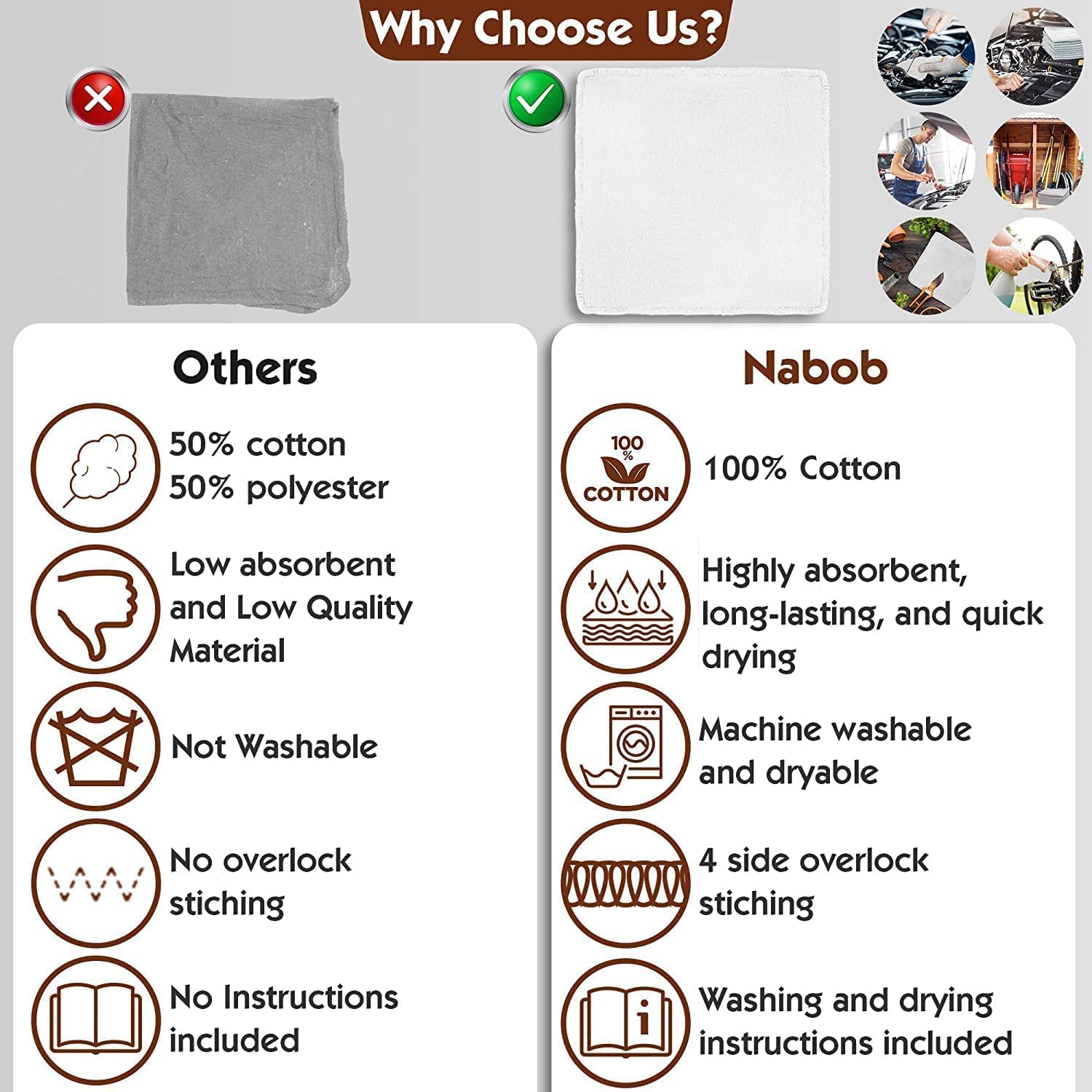 Nabob Wipers Auto Mechanic Shop Towels 500 Pack Bulk Shop Rags 100% Cotton Size 14''X14'' Commercial Grade (500 Pack, White)