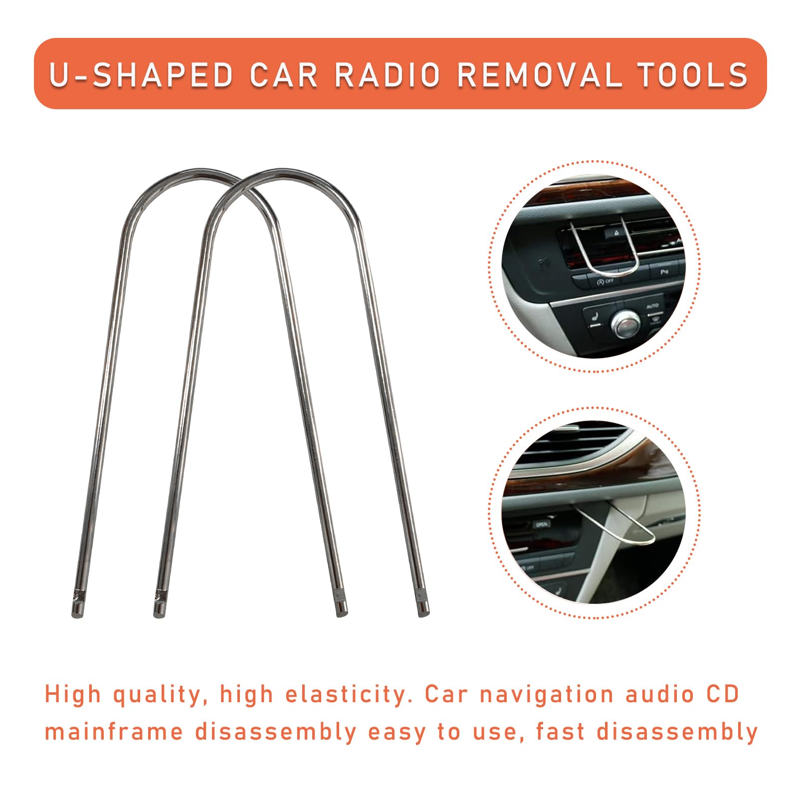 Dickno 2 Pcs Car Radio Removal Pry Tool, U-Shaped Stainless Steel Auto Stereo Release Tool Kit, Universal Radio Remover For Disa