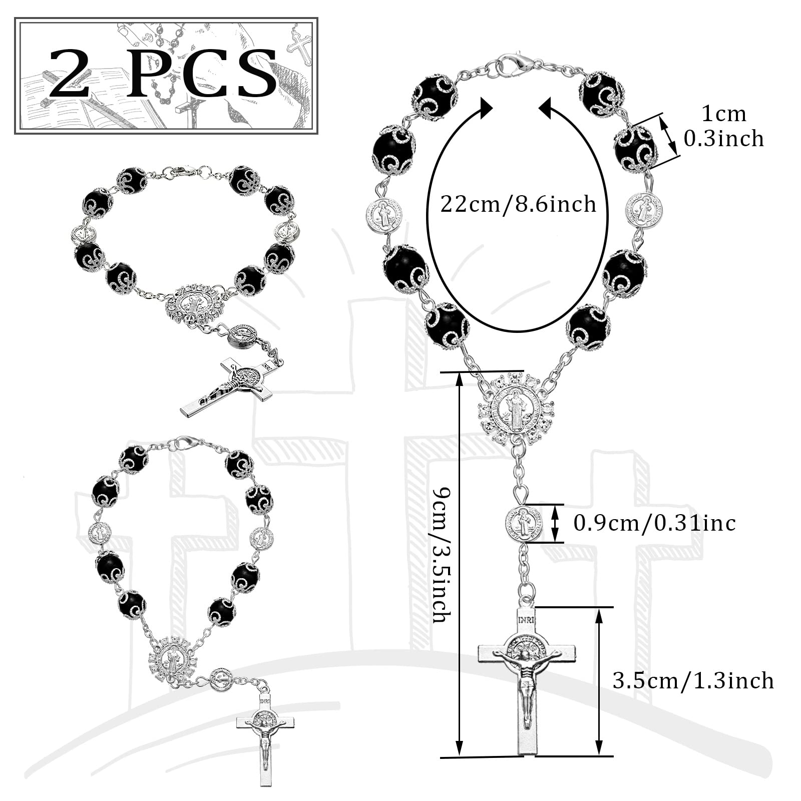 Frienda Saint Benedict Car Rosary 2 Pcs Rearview Mirror Auto Rosary Hanging Personalized Car Cross Blessing Catholic Medal For T