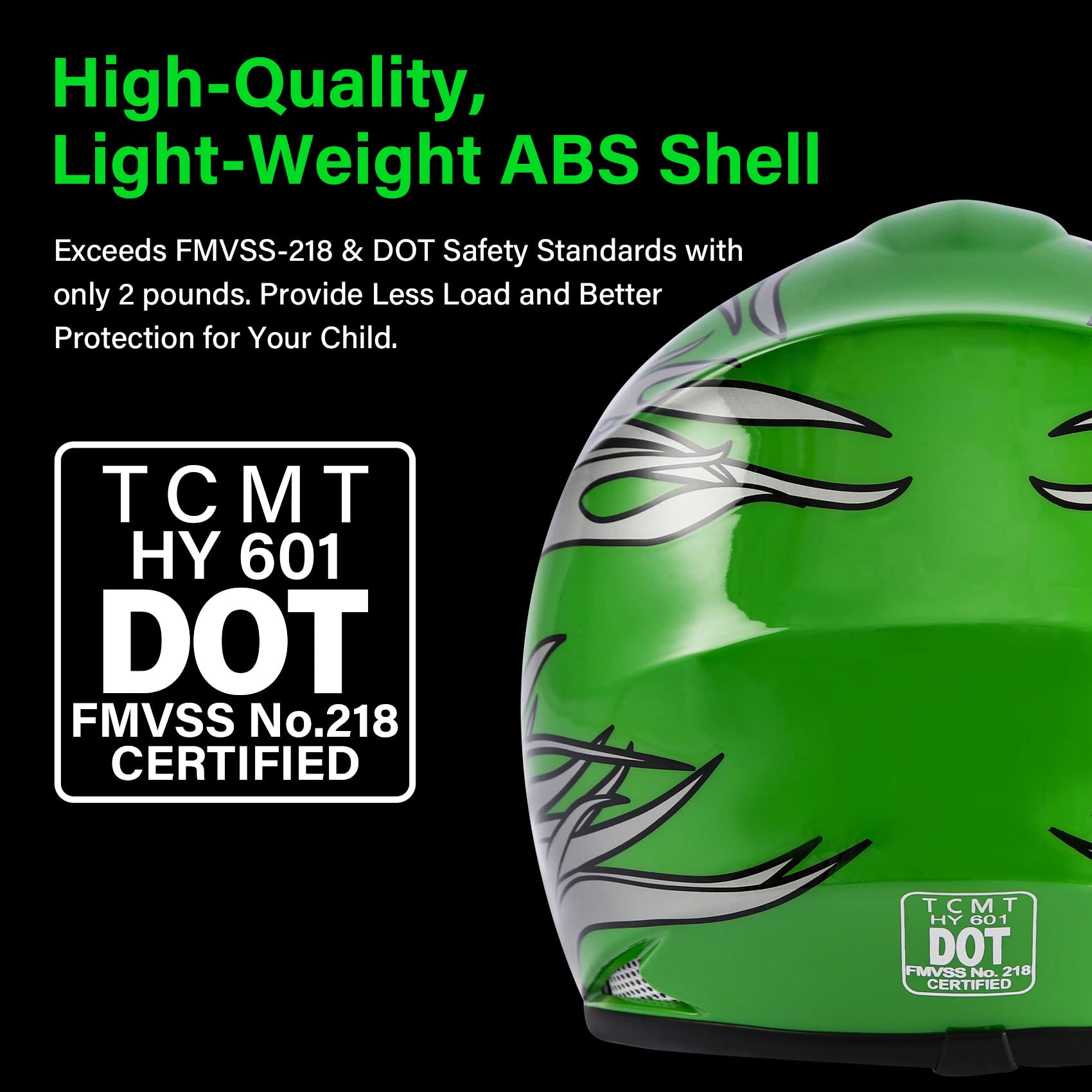 SLMOTO Youth Motocross Helmet Green Flame Design, Medium Size, ABS Material with Goggles & Gloves