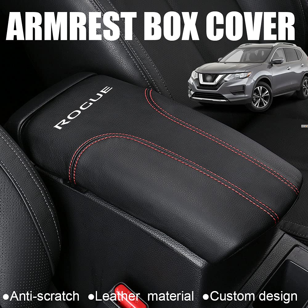 Xiter Car Armrest Cover Saver, 1 Pc Center Console Leather Pad Fit For Nissan Rogue 2014-2020, 2017-2022 Rogue Sport Central Console Armrest Box Protector Interior Accessories (Red Stitches)