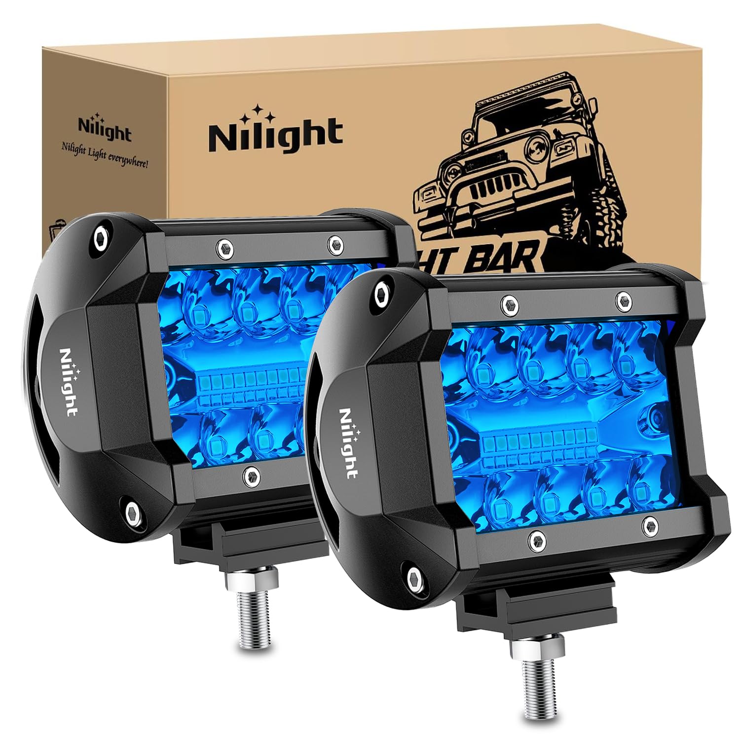Nilight 4 Inch Led Light Pod Blue Triple Row 2Pcs 60W Flood Spot Combo Driving Fog Lights Fishing Hunting Emergency Safety Signa