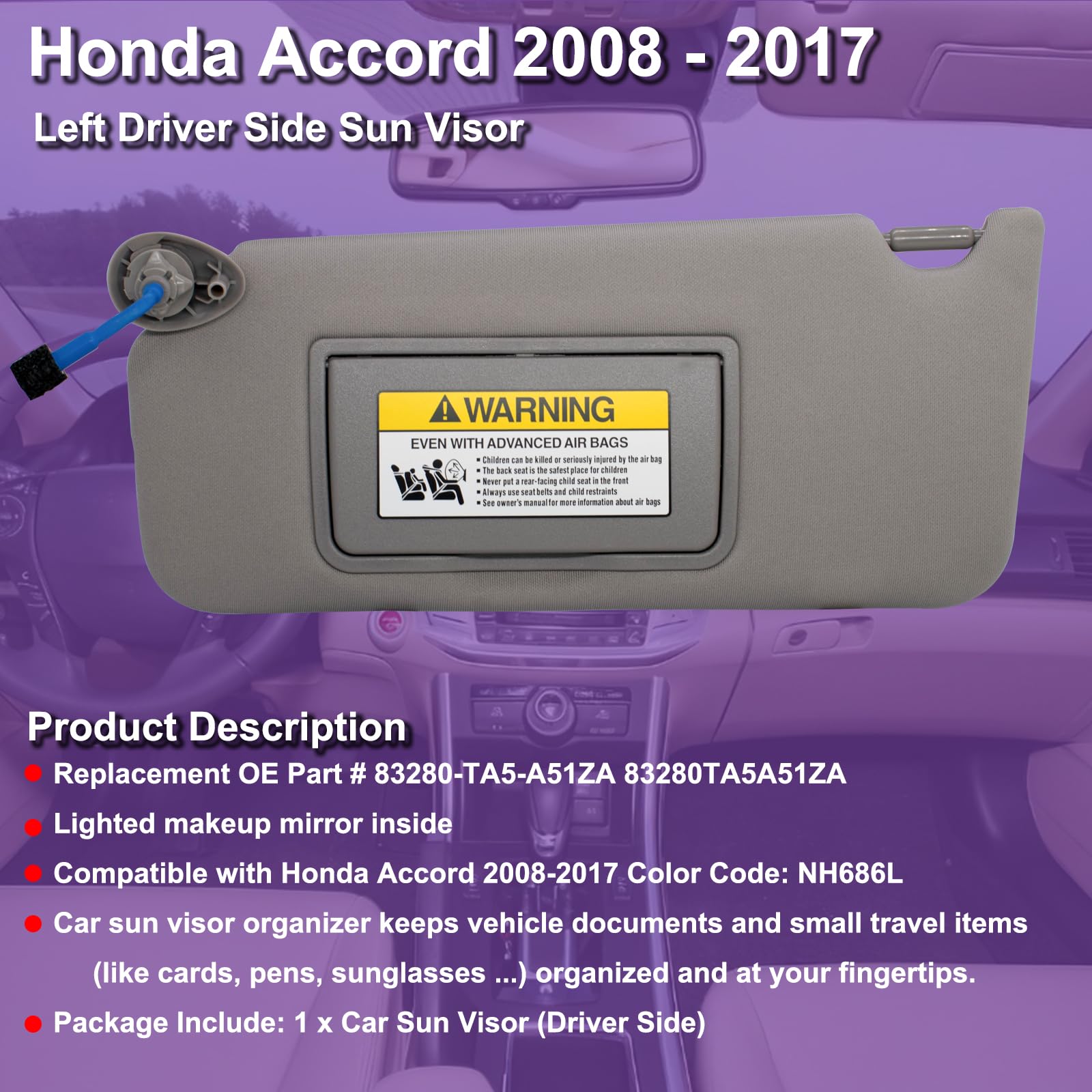 Nhiles Left Driver Side Sun Visor Compatible With Honda Accord 2008 2009 2010 2011 2012 2013 2014 2015 2016 2017 With Light Repl