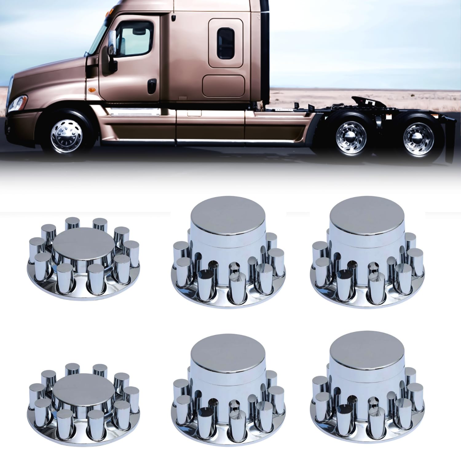 Torque Chrome Front & Rear Axle Complete Wheel Cover Set 33Mm Cylinder Screw-On Lug Nut Covers For Semi Trucks (Installation Too