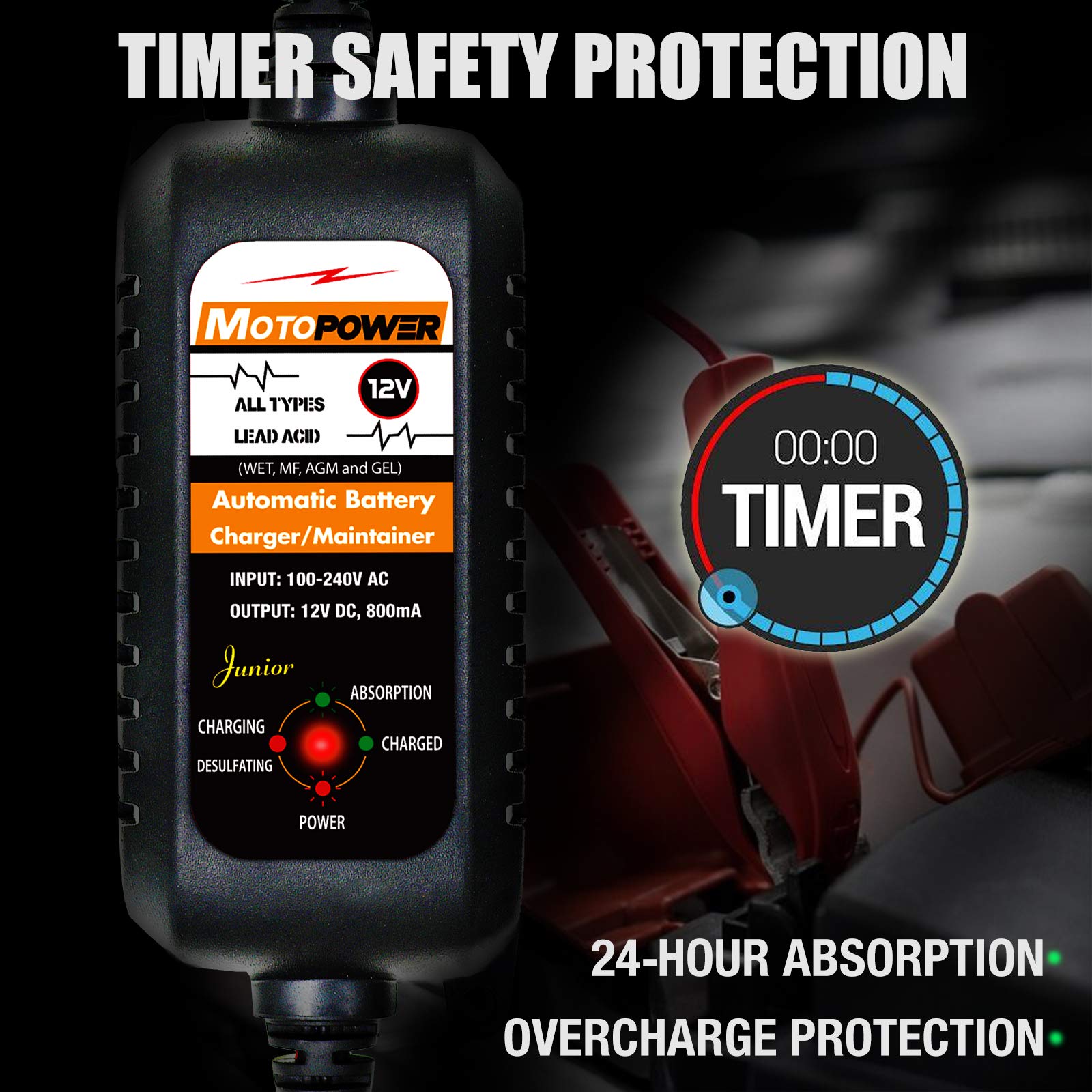 Motopower Mp00205A 12V 800Ma Automatic Battery Charger, Battery Maintainer, Trickle Charger, And Battery Desulfator